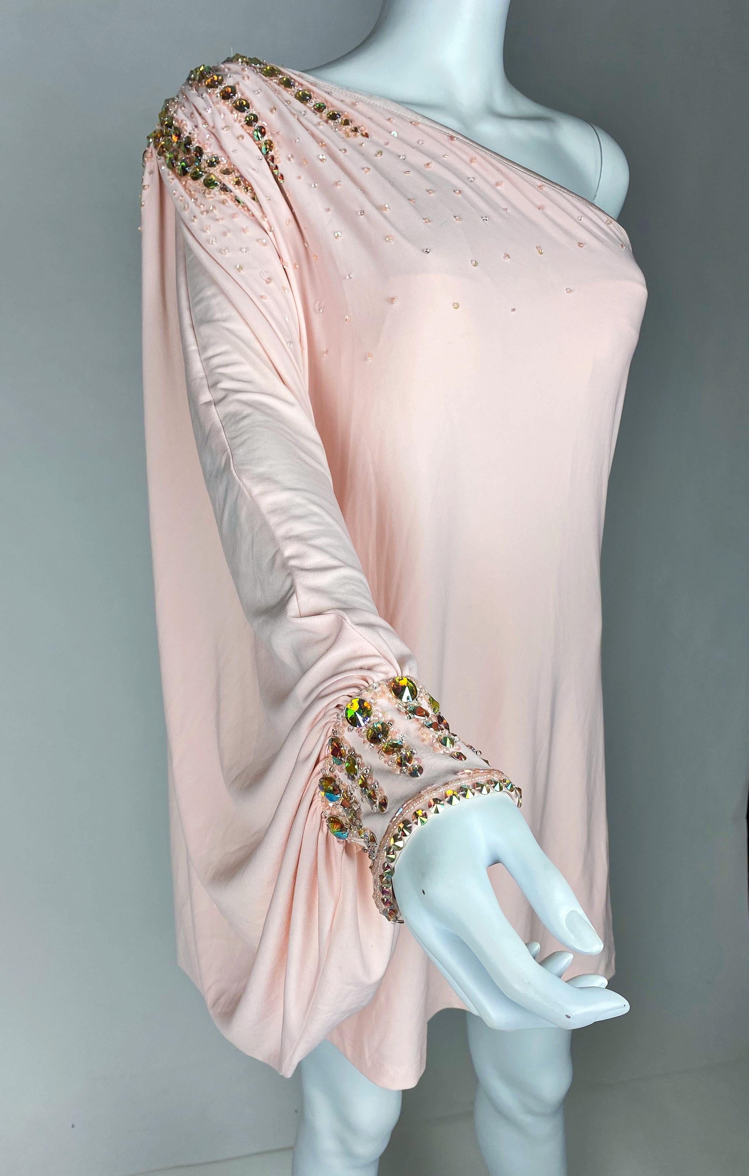 Top or Mini-Mini Dress in pink Lycra embroidered with rhinestones - French 1980s For Sale 11