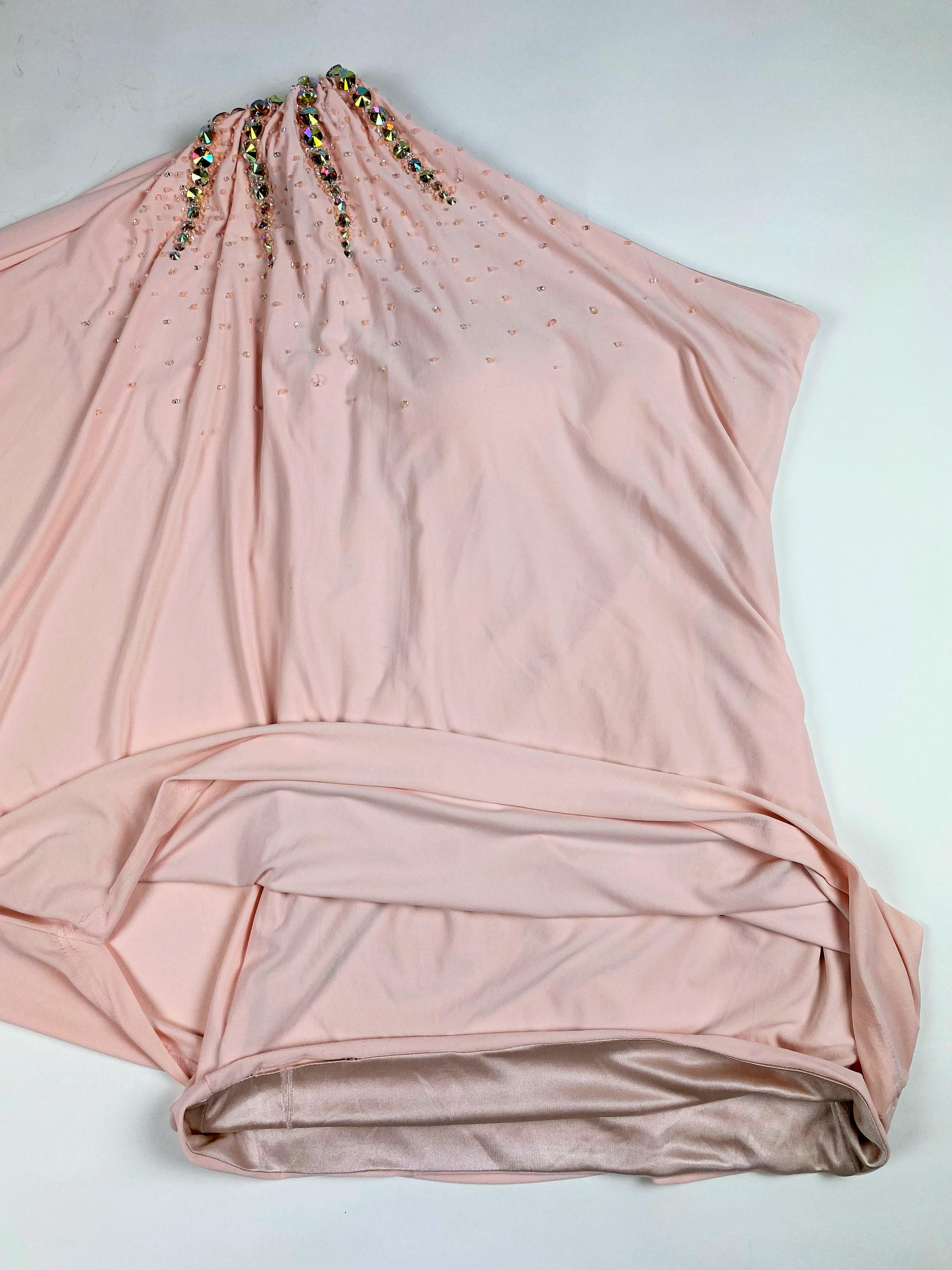 Top or Mini-Mini Dress in pink Lycra embroidered with rhinestones - French 1980s In Good Condition For Sale In Toulon, FR