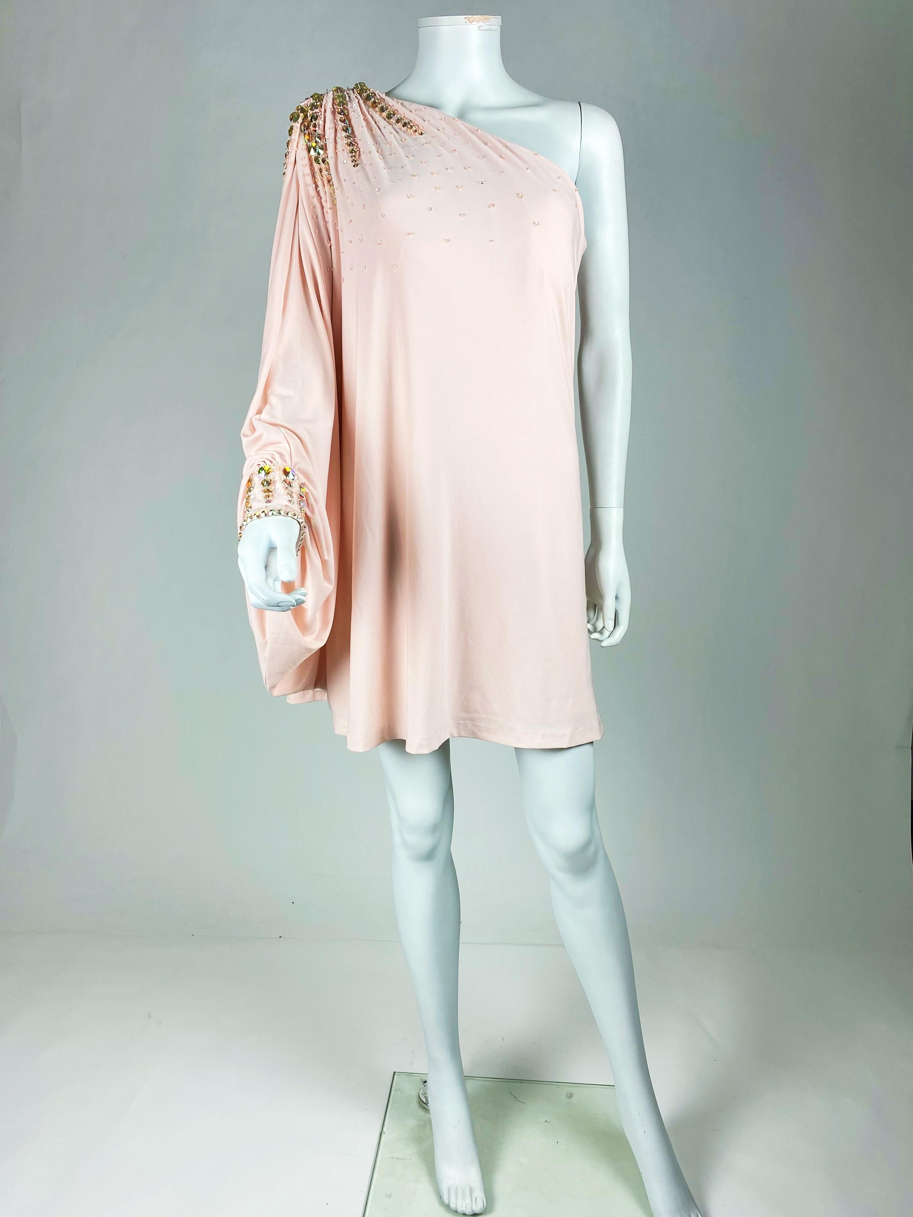 Top or Mini-Mini Dress in pink Lycra embroidered with rhinestones - French 1980s For Sale 3