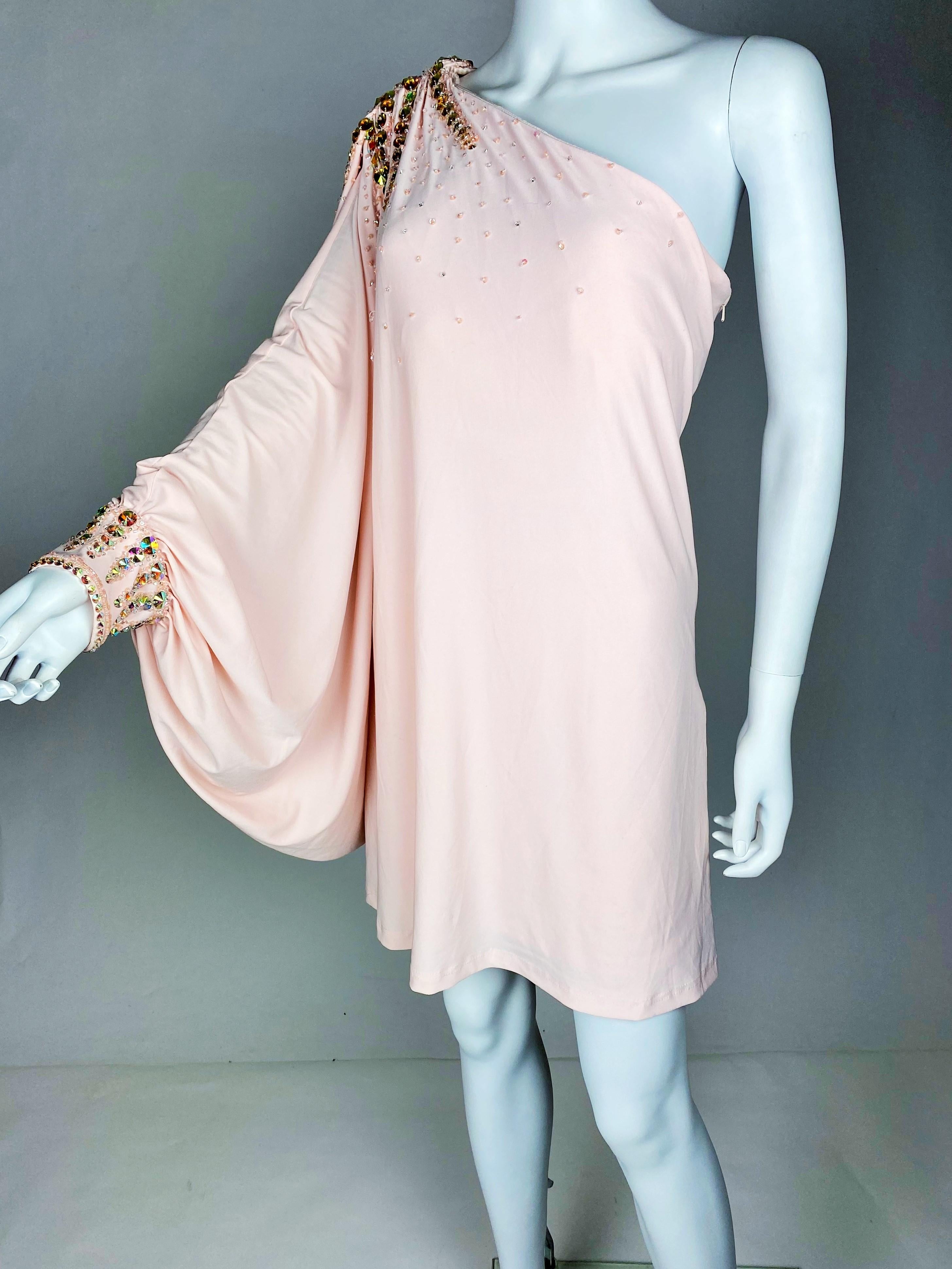Top or Mini-Mini Dress in pink Lycra embroidered with rhinestones - French 1980s For Sale 5