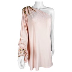 Top or Mini-Mini Dress in pink Lycra embroidered with rhinestones - French 1980s