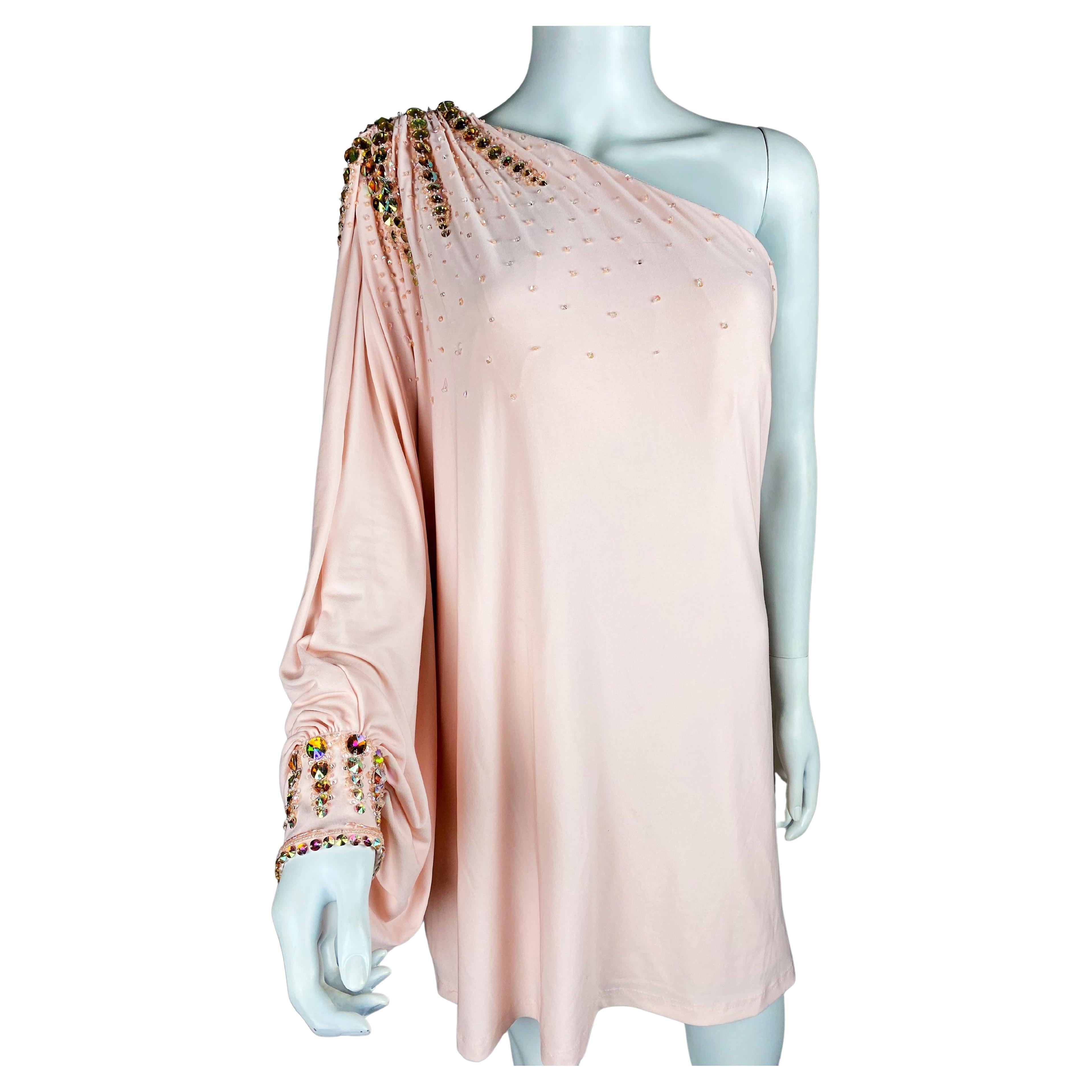 Top or Mini-Mini Dress in pink Lycra embroidered with rhinestones - French 1980s For Sale