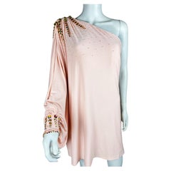 Top or Mini-Mini Dress in pink Lycra embroidered with rhinestones - French 1980s
