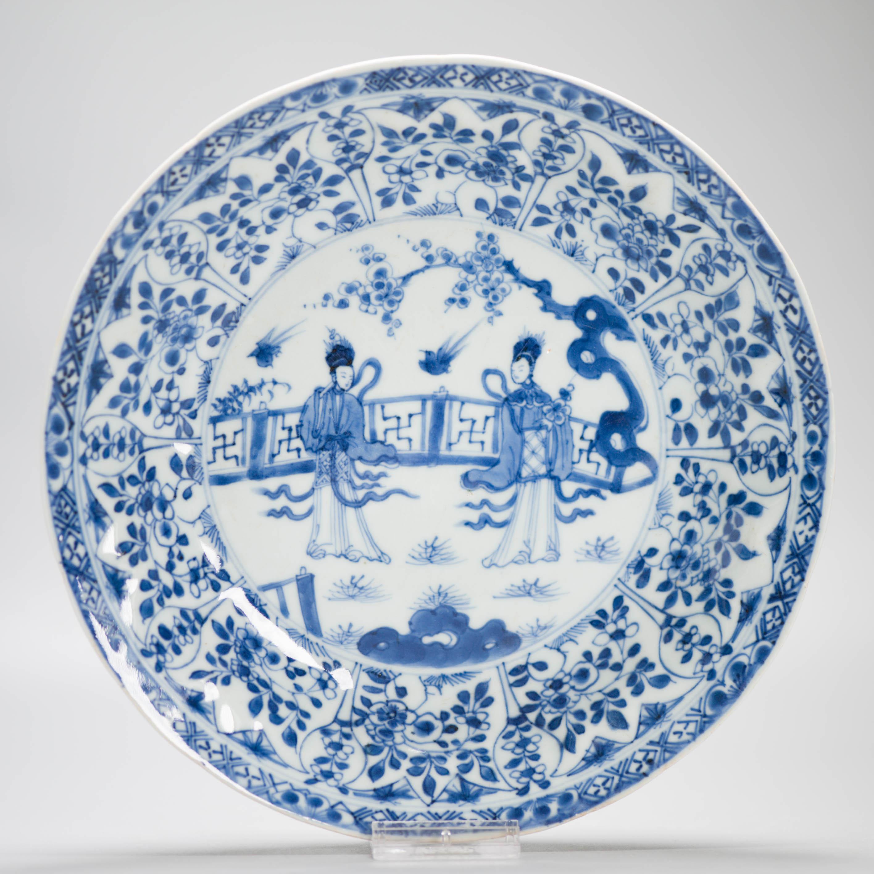 
Sharing with you this exceptionally nice Chinese porcelain Plate from the Kangxi period. It has a nice cobalt blue figural scene with elegant ladies in a garden. Moulded in the border. The border with flowers and insects.

Country of origin: