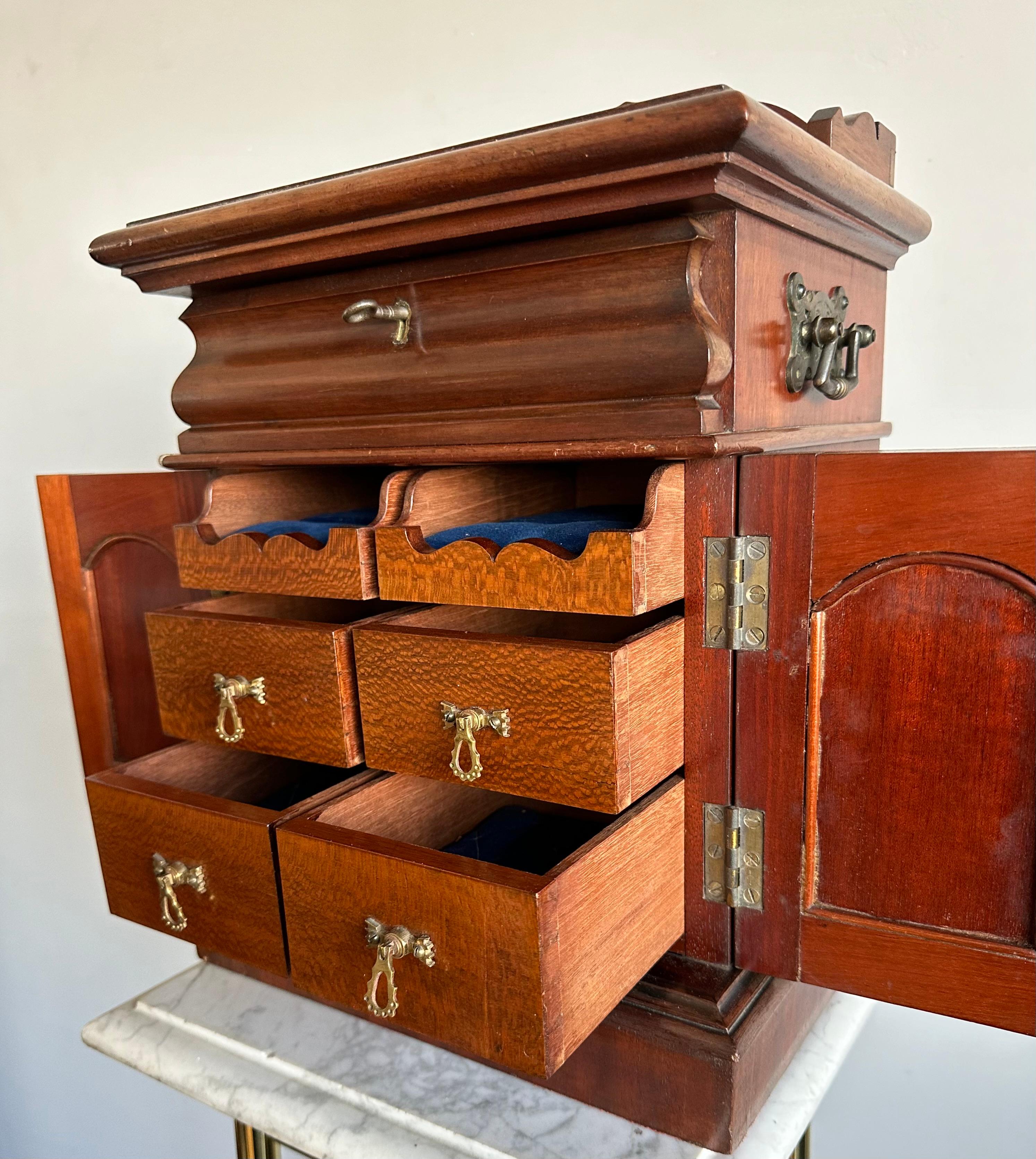 Hand-Carved Top Quality 19th Century Jewelry, Treasure Box, Cabinet w Drawers & Mirror Doors For Sale