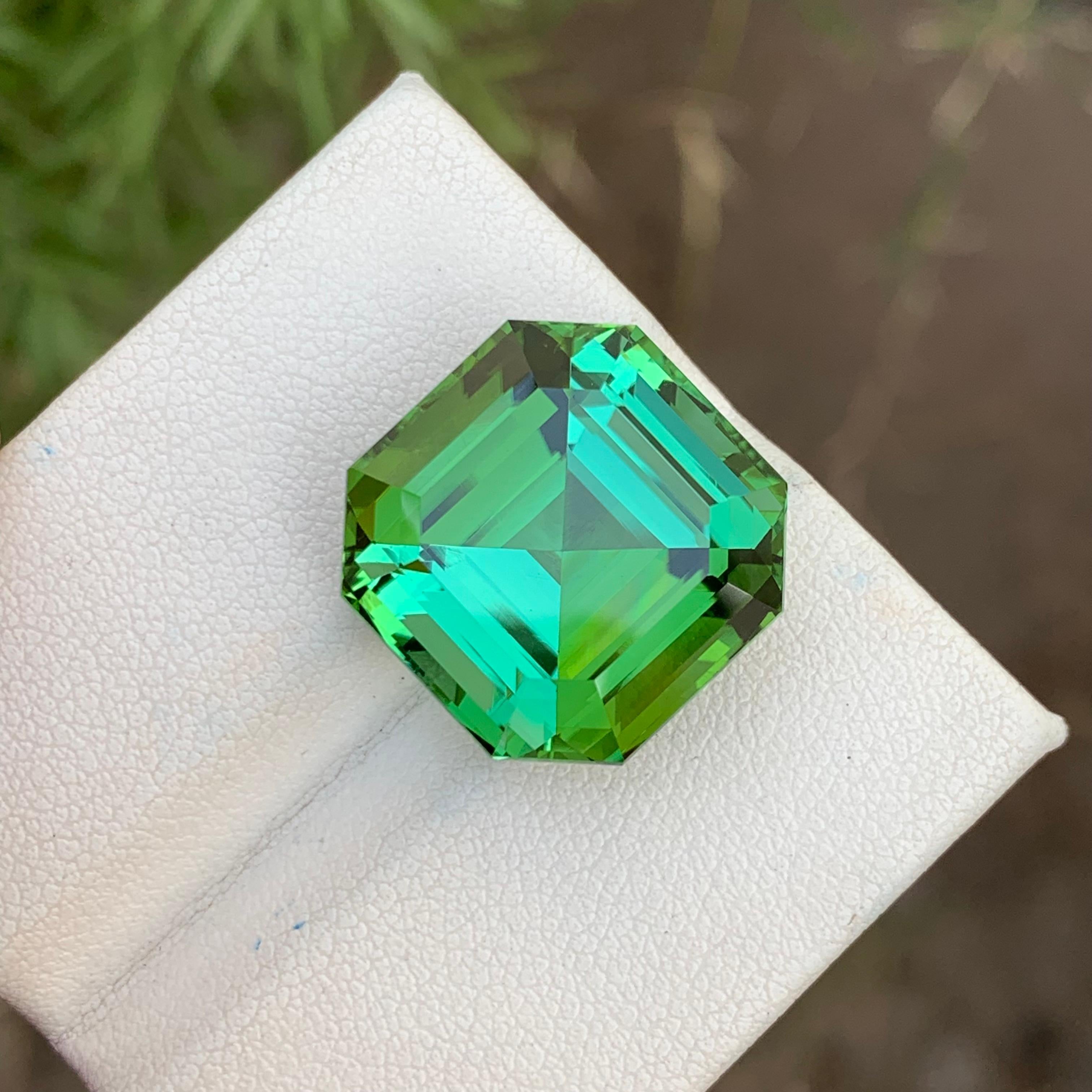 Loose Tourmaline 
Weight: 24.15 Carats 
Dimension: 16.8x16.8x11.9 Mm
Origin: Kunar Afghanistan 
Shape: Asscher Cut
Treatment: Non
Color: Green With Lagoon Shade
Certificate: On Demand
Green Tourmaline, renowned for its captivating hues, reaches new