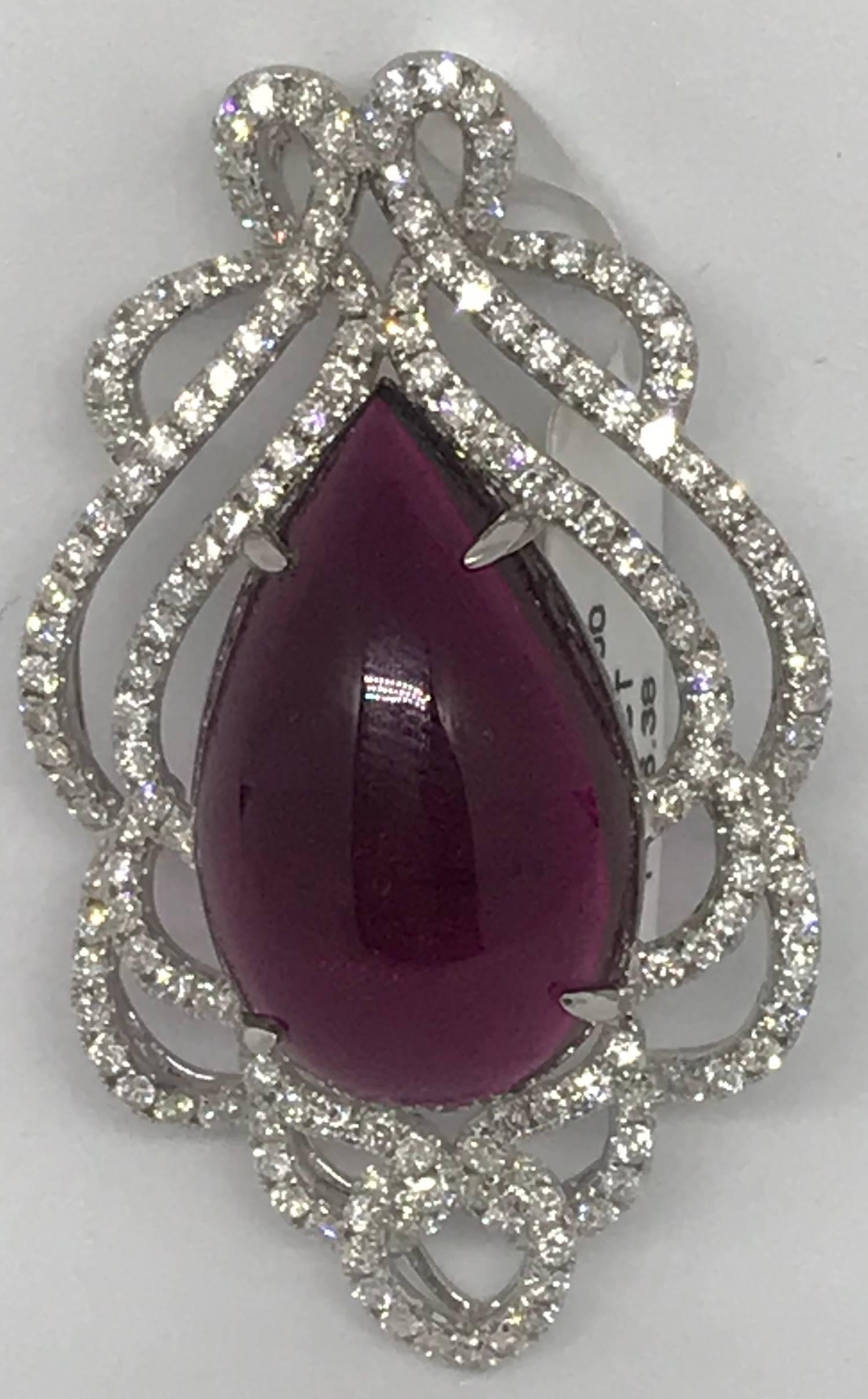 Pear Cut Top Quality 26.36 Carat Rubelite Pendant with  Diamonds in 18k White Gold For Sale