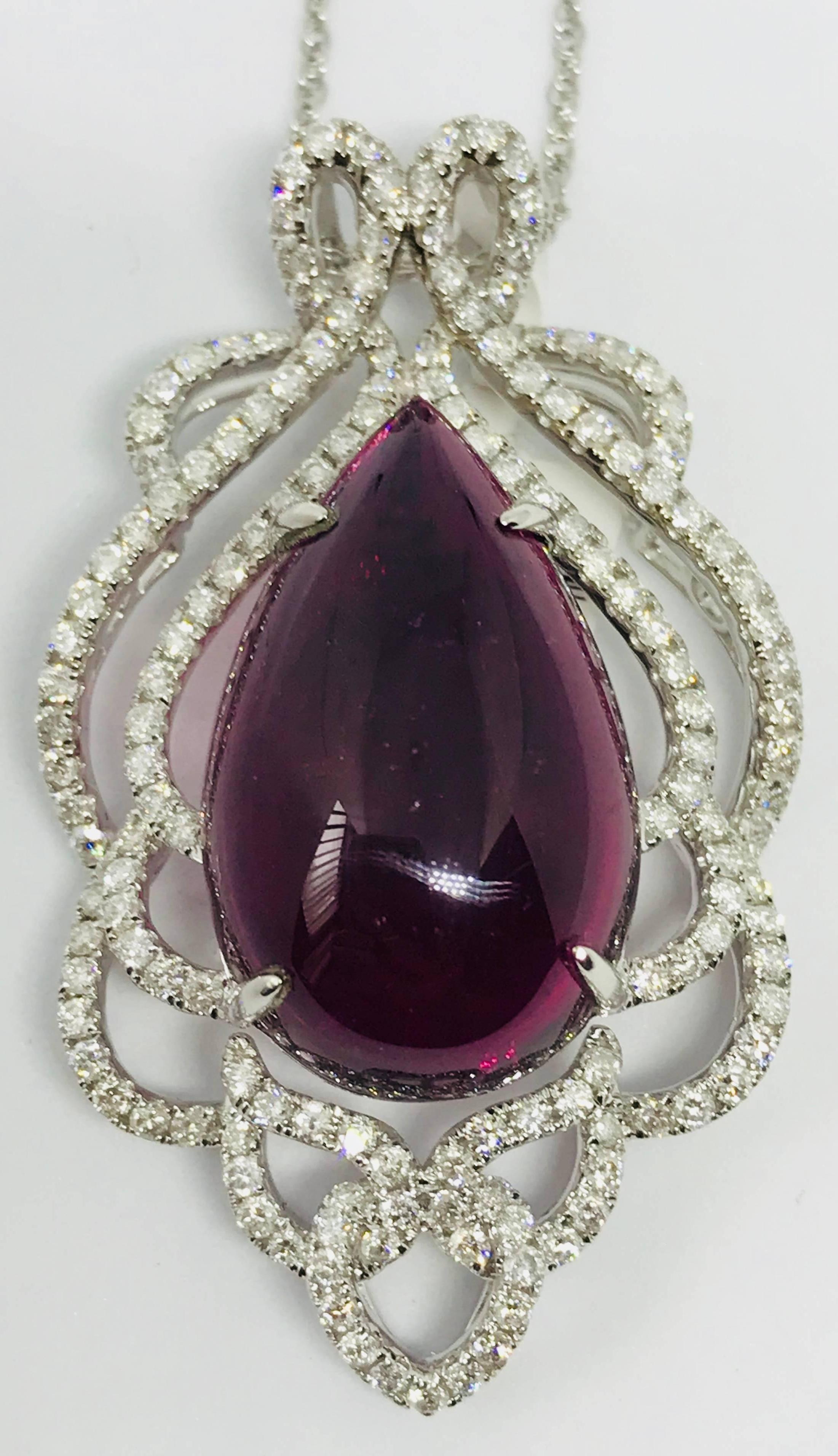 Top Quality 26.36 Carat Rubelite Pendant with  Diamonds in 18k White Gold For Sale 1