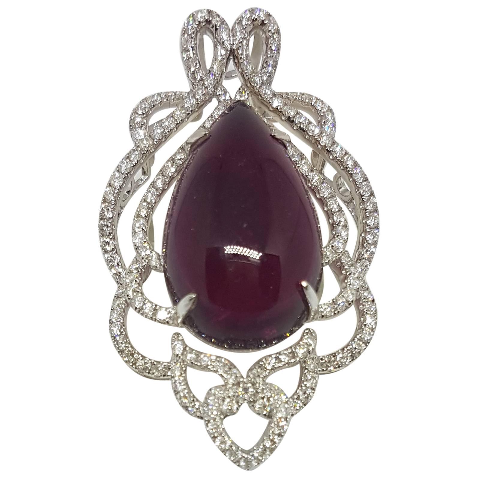 Top Quality 26.36 Carat Rubelite Pendant with  Diamonds in 18k White Gold For Sale