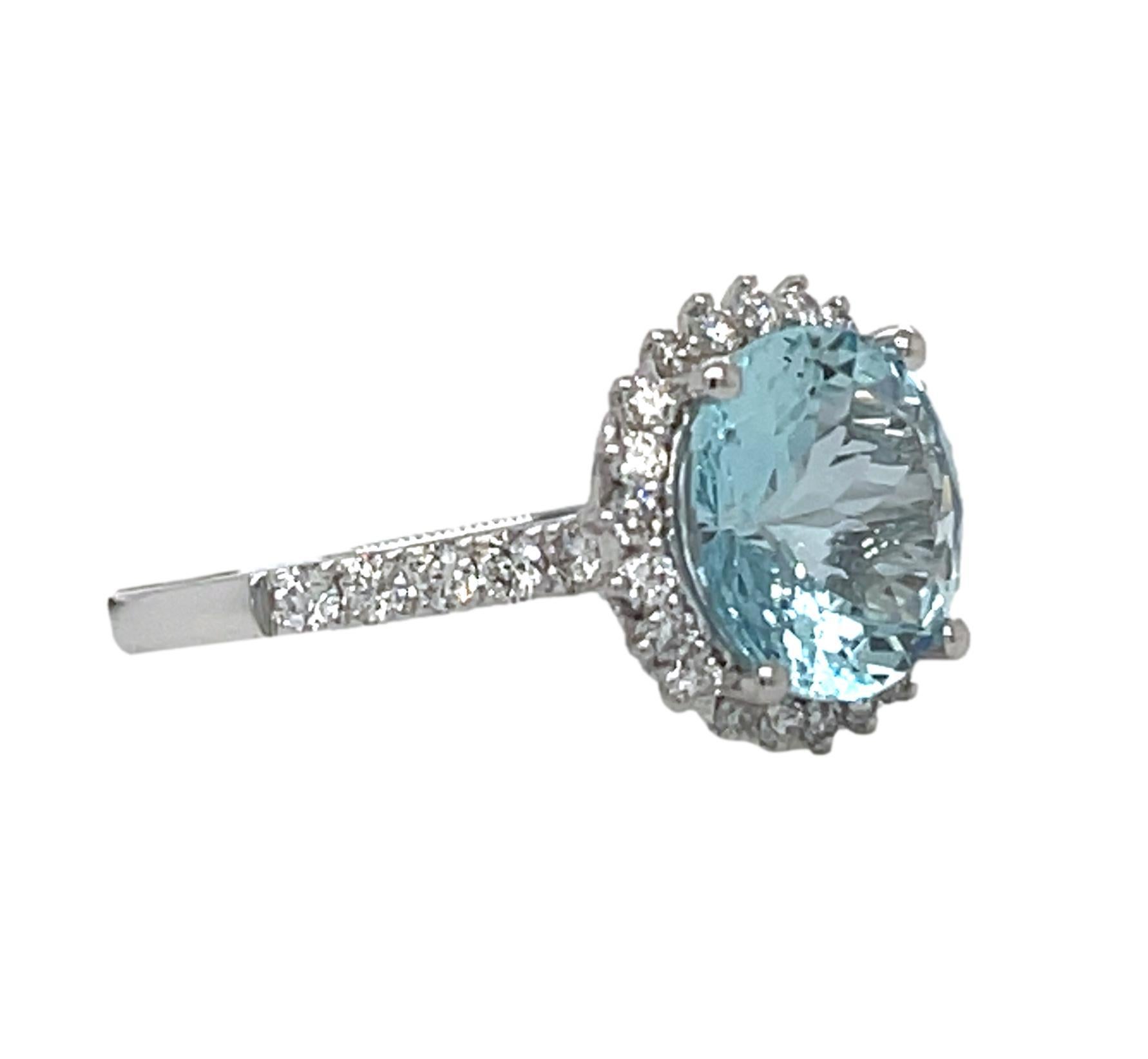 Round Cut Top Quality Aquamarine Halo Ring in 14KW Gold