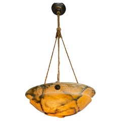 Top Quality Arts & Crafts Alabaster and Black Veins Pendant w. Leaf Carving 1910