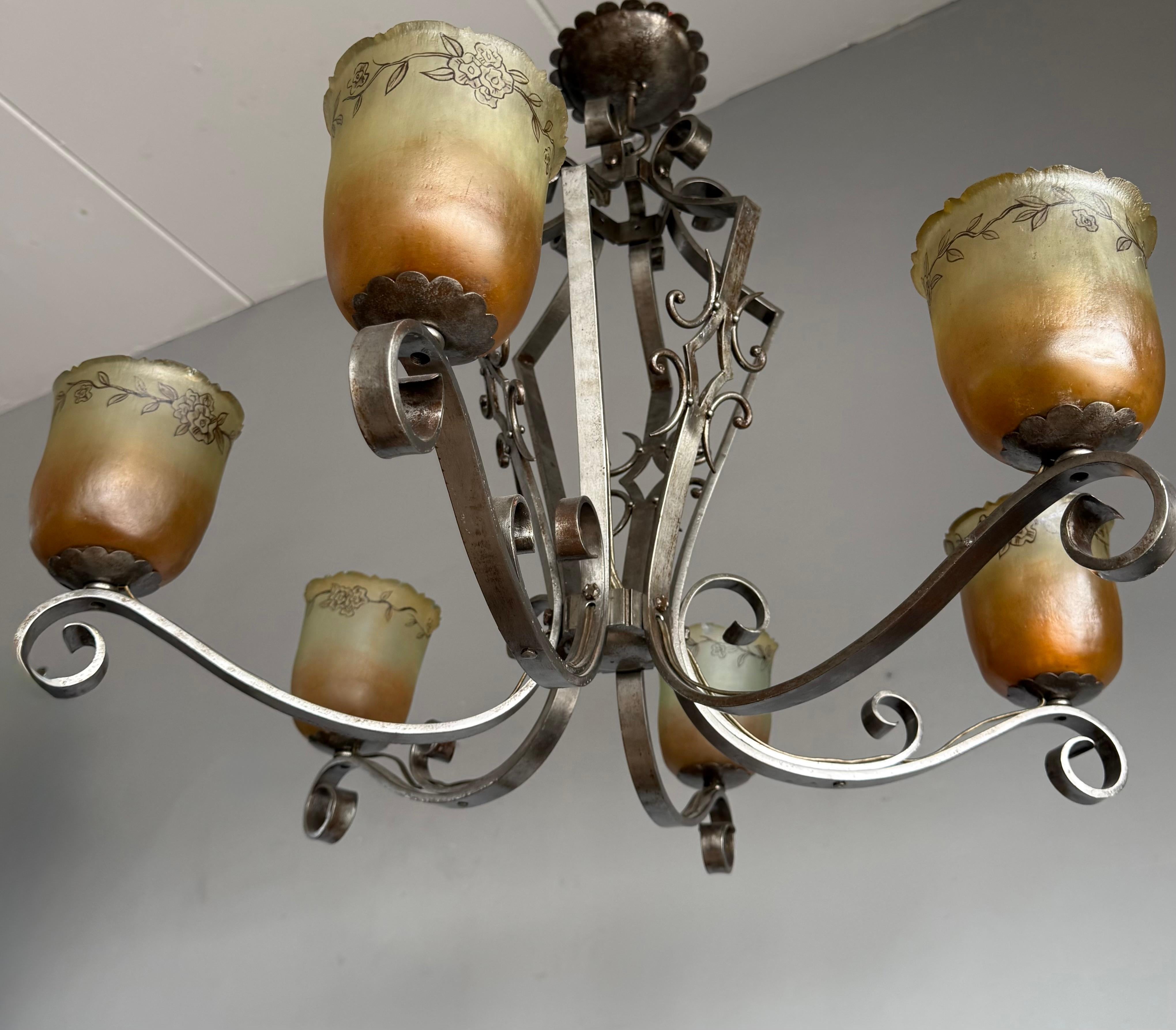 Top Quality Arts & Crafts Wrought Iron Chandelier or Ceiling Lamp w Glass Shades For Sale 3