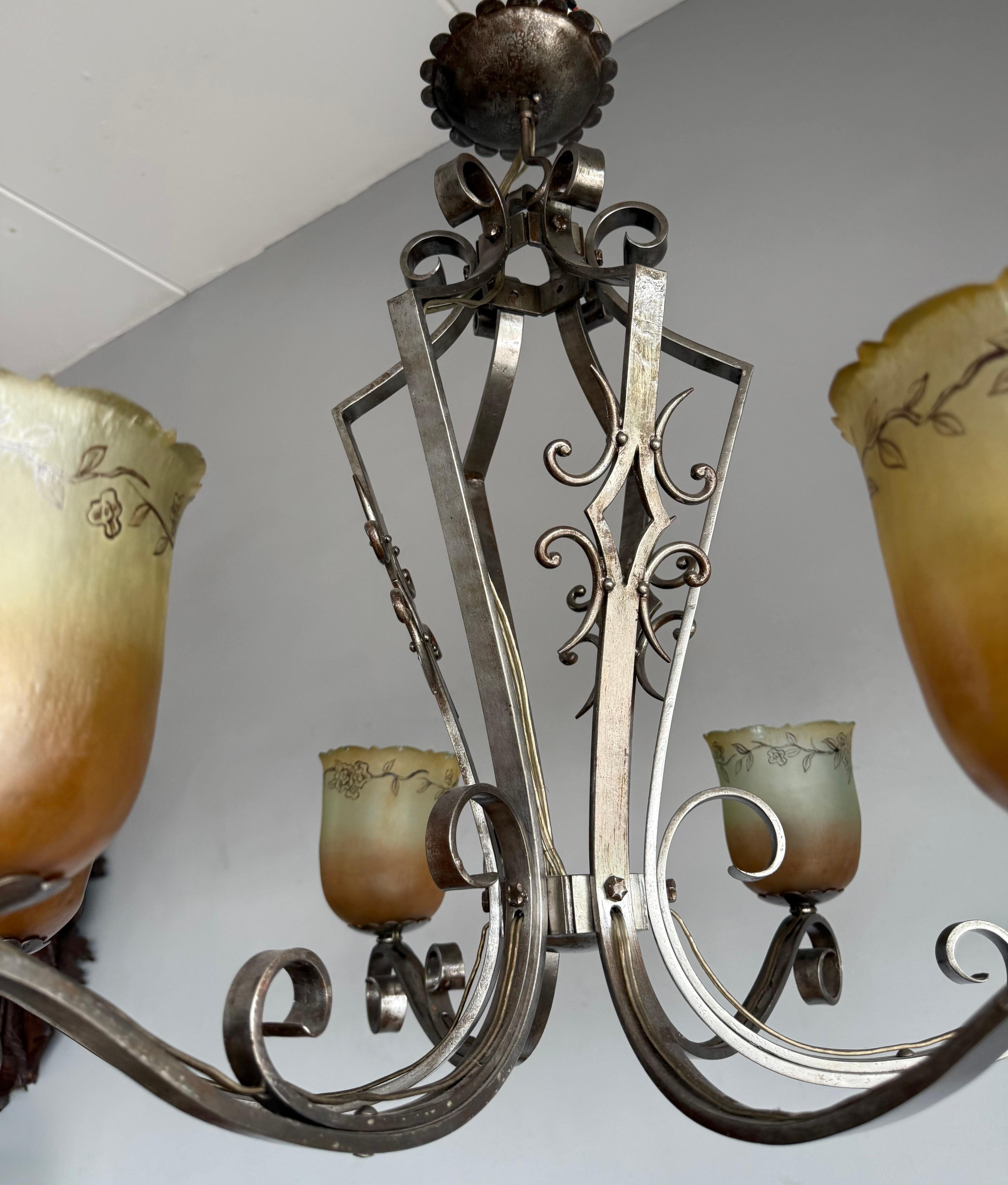 Top Quality Arts & Crafts Wrought Iron Chandelier or Ceiling Lamp w Glass Shades For Sale 4