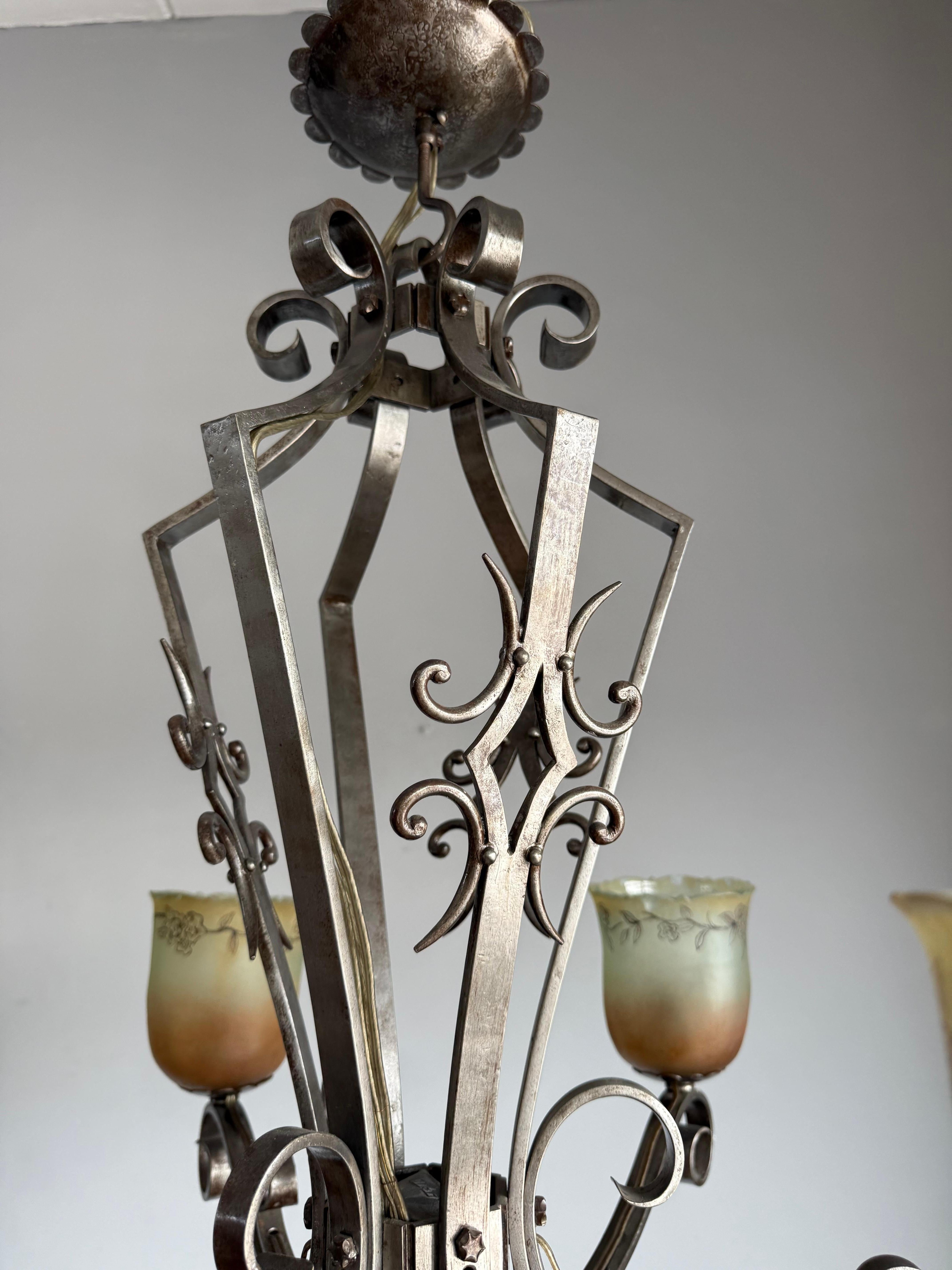 Top Quality Arts & Crafts Wrought Iron Chandelier or Ceiling Lamp w Glass Shades For Sale 5