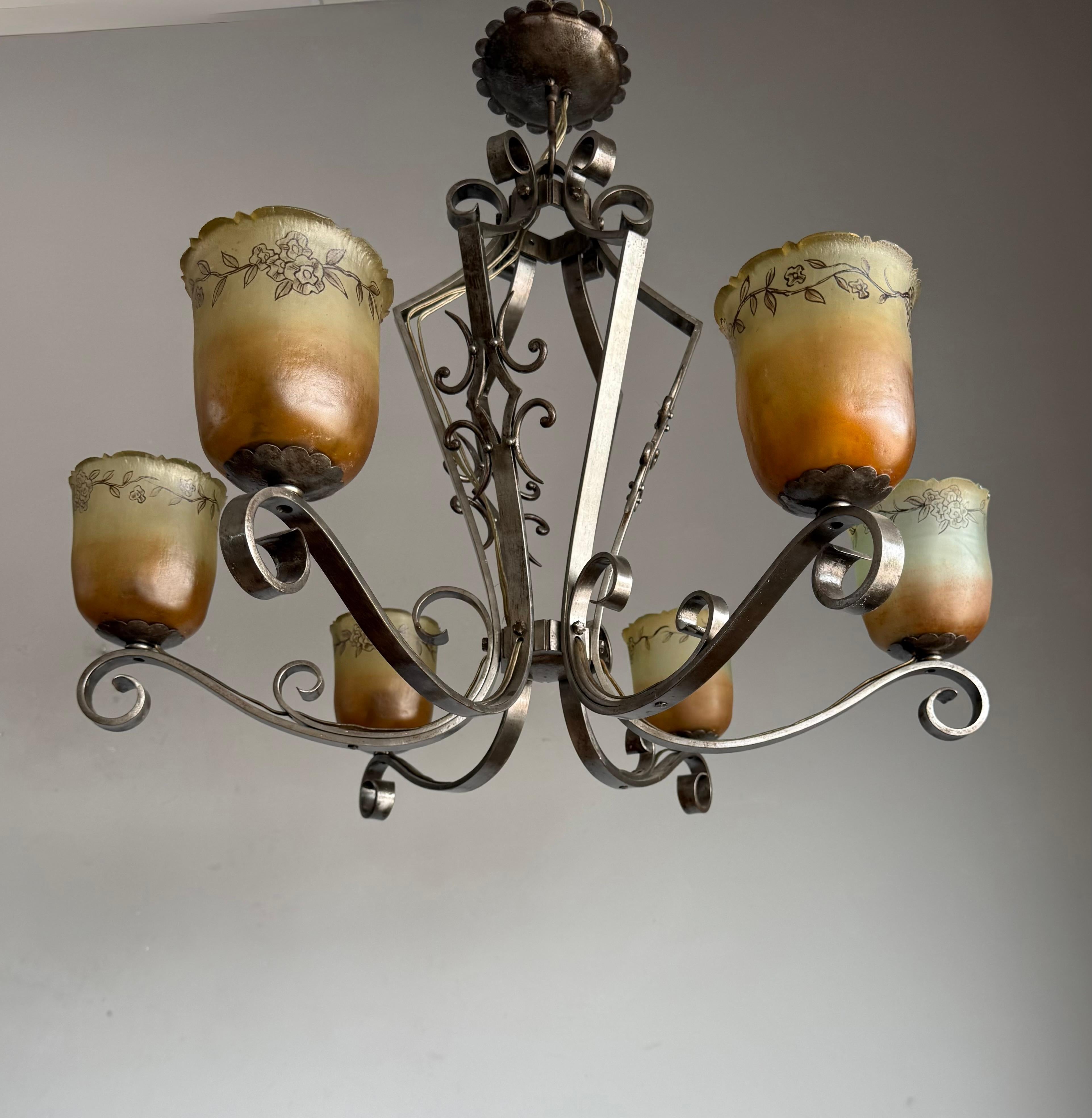 Top Quality Arts & Crafts Wrought Iron Chandelier or Ceiling Lamp w Glass Shades For Sale 6