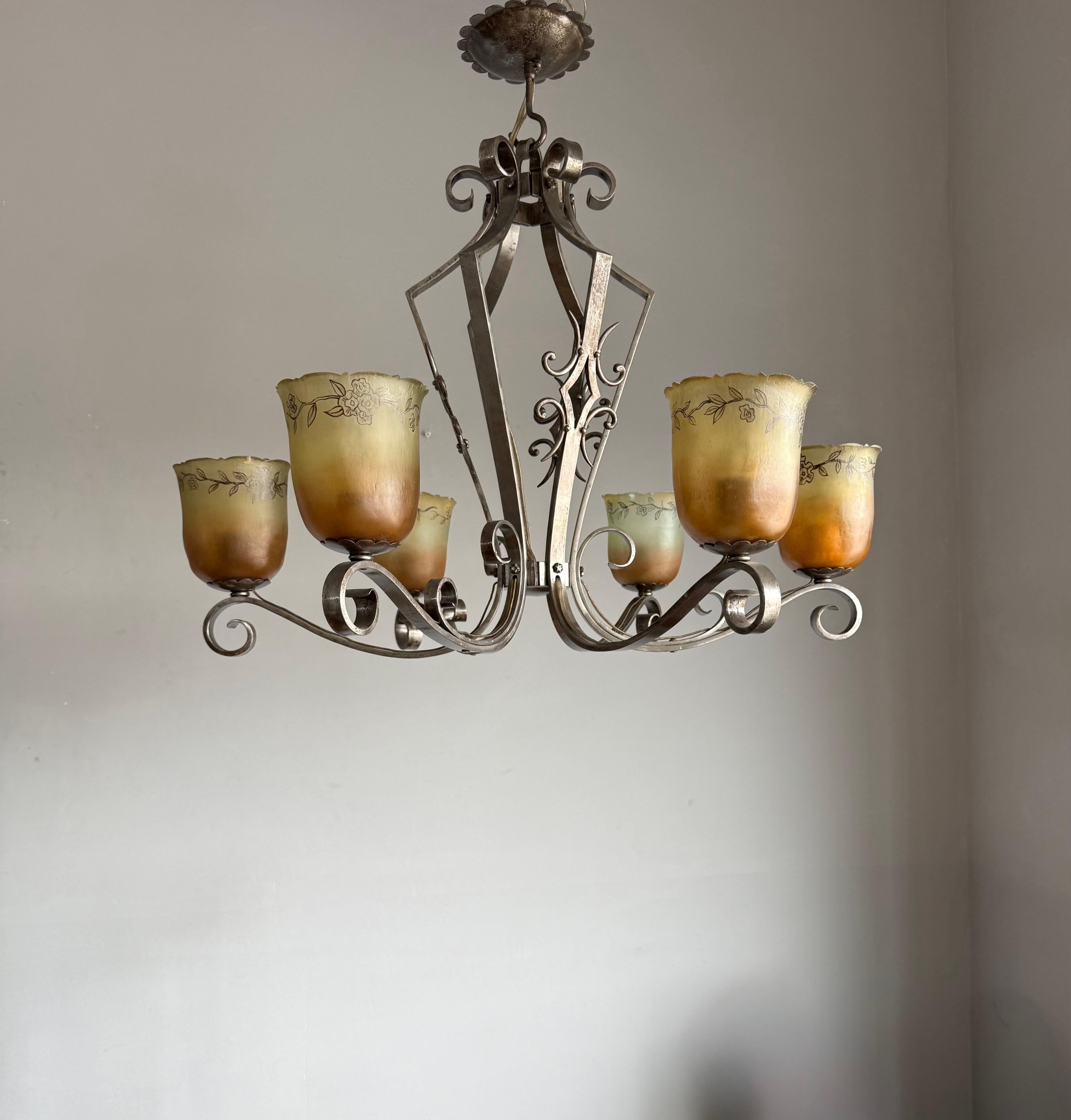 Top Quality Arts & Crafts Wrought Iron Chandelier or Ceiling Lamp w Glass Shades For Sale 7