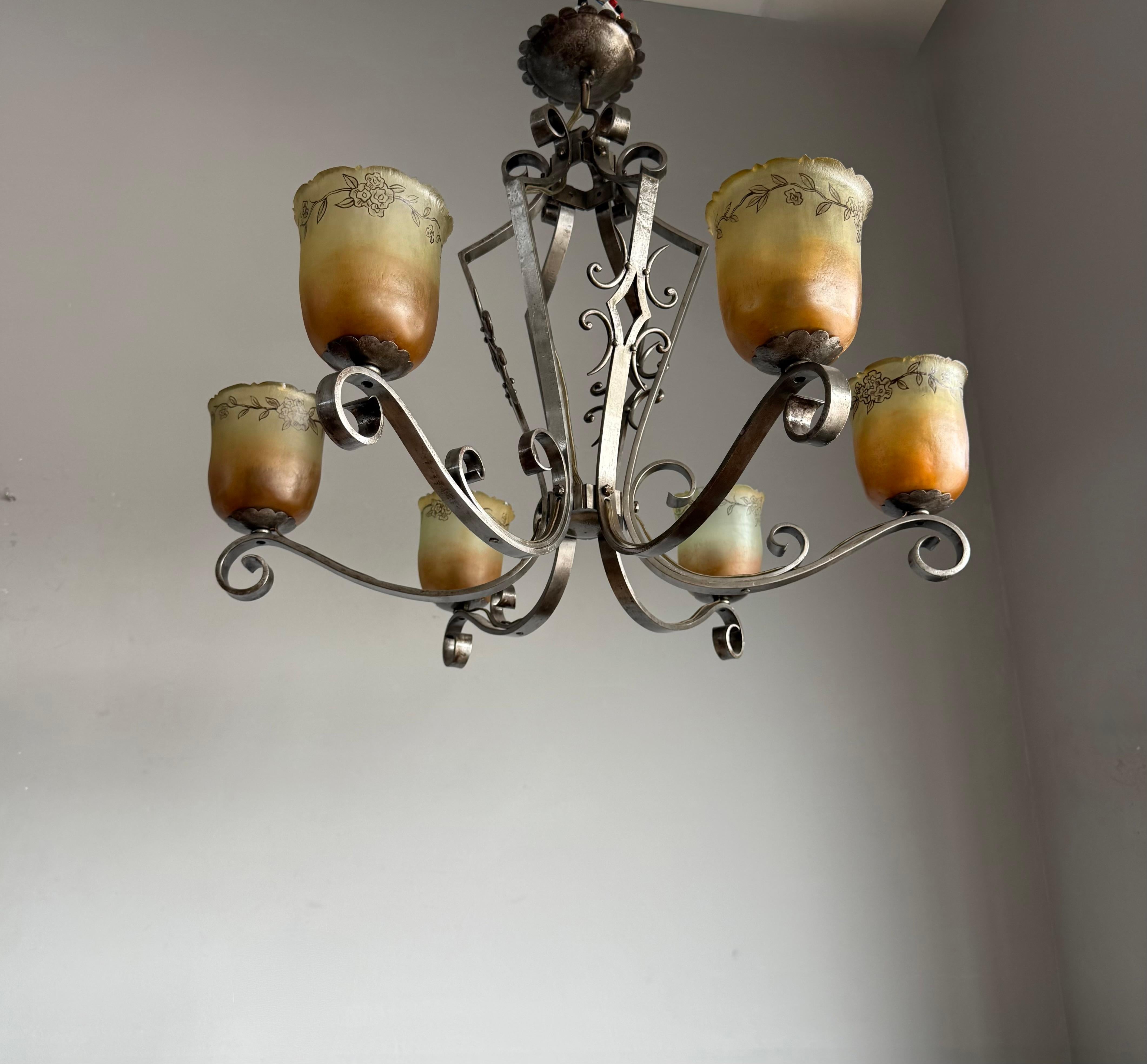 Top Quality Arts & Crafts Wrought Iron Chandelier or Ceiling Lamp w Glass Shades For Sale 8