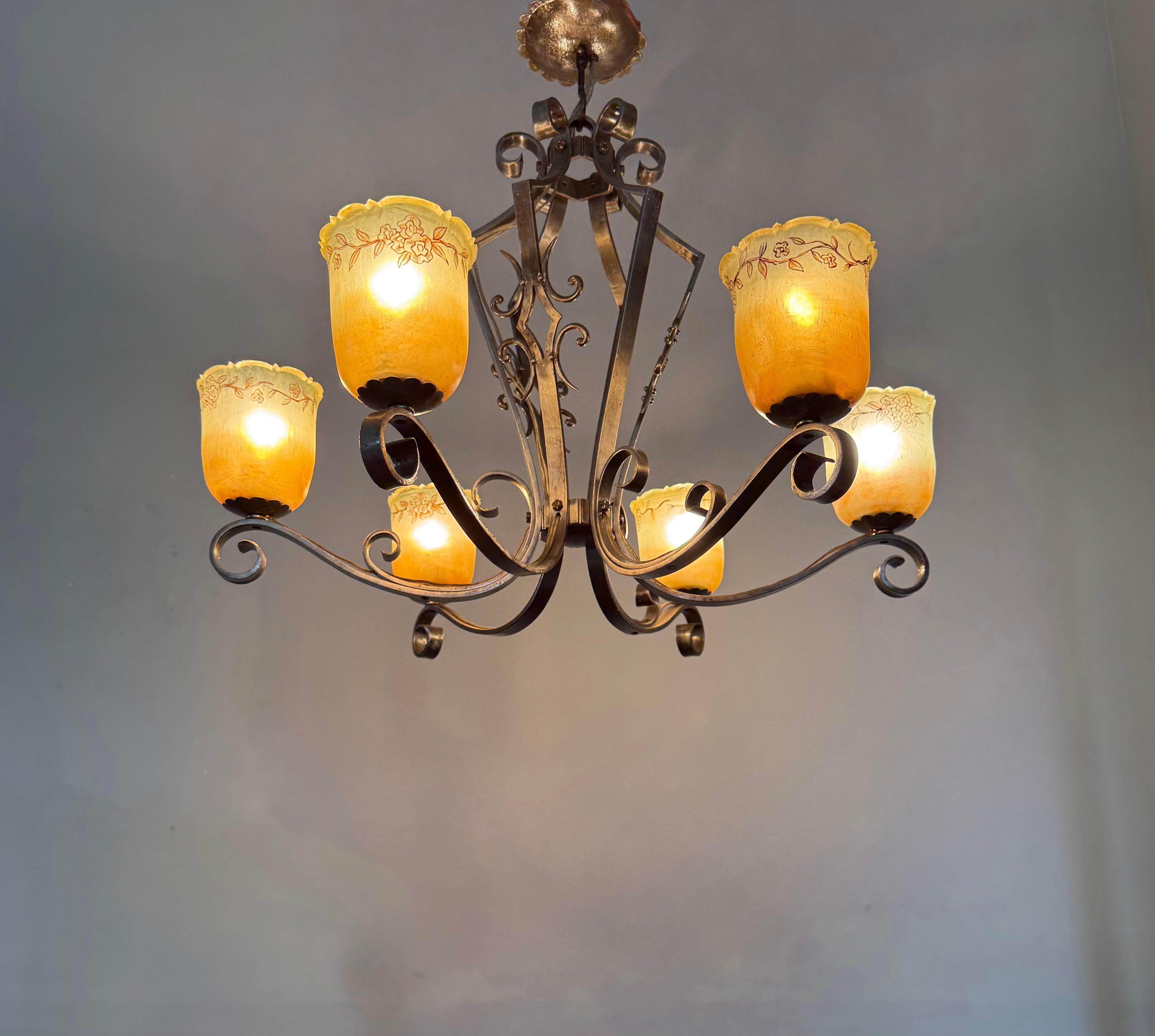 Top Quality Arts & Crafts Wrought Iron Chandelier or Ceiling Lamp w Glass Shades For Sale 9