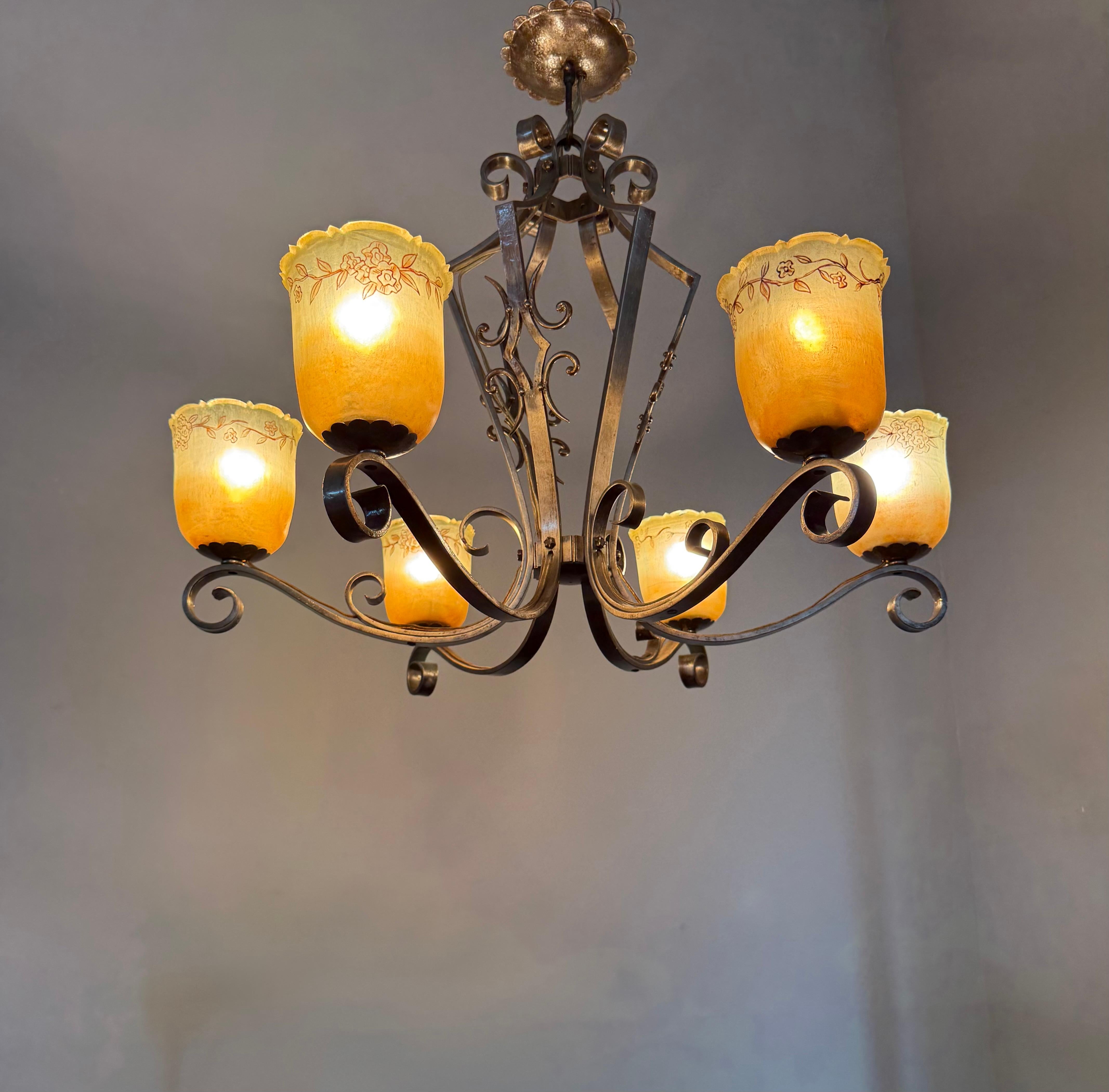 Top Quality Arts & Crafts Wrought Iron Chandelier or Ceiling Lamp w Glass Shades For Sale 10
