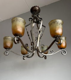 Top Quality Arts & Crafts Wrought Iron Chandelier or Ceiling Lamp w Glass Shades