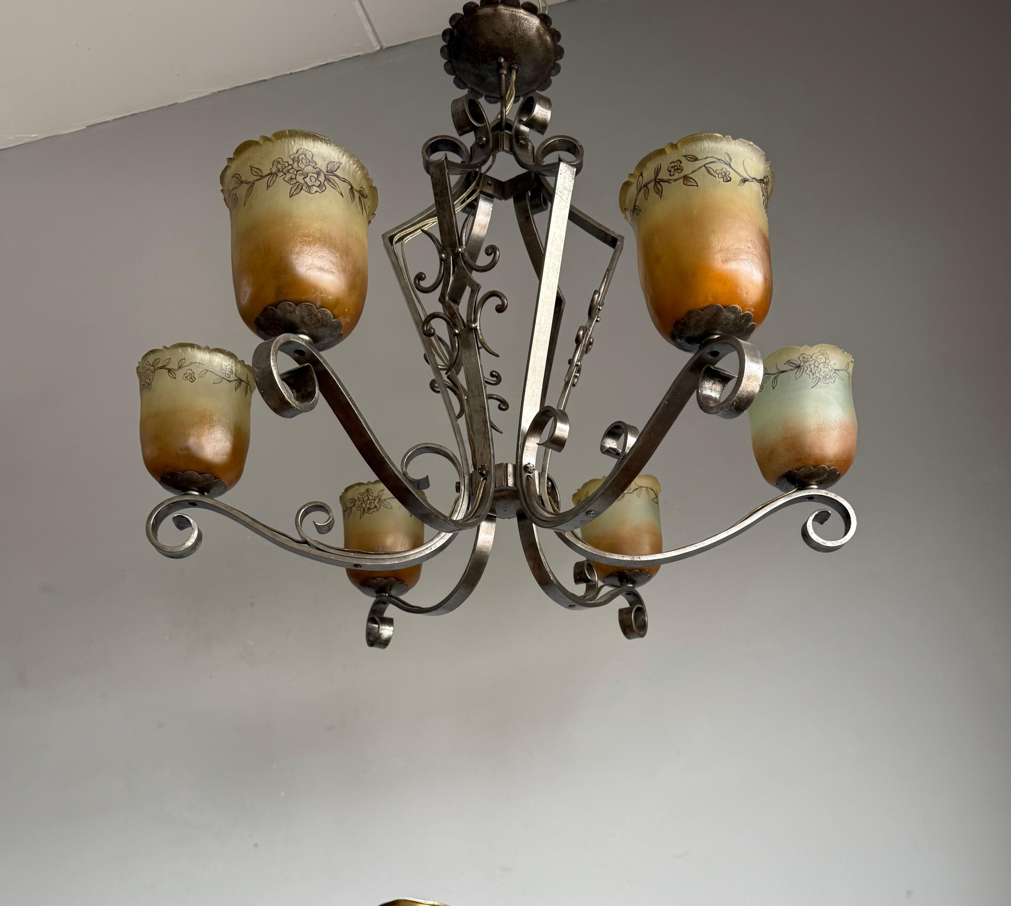 Top Quality Arts & Crafts Wrought Iron Chandelier or Ceiling Lamp w Glass Shades For Sale 13