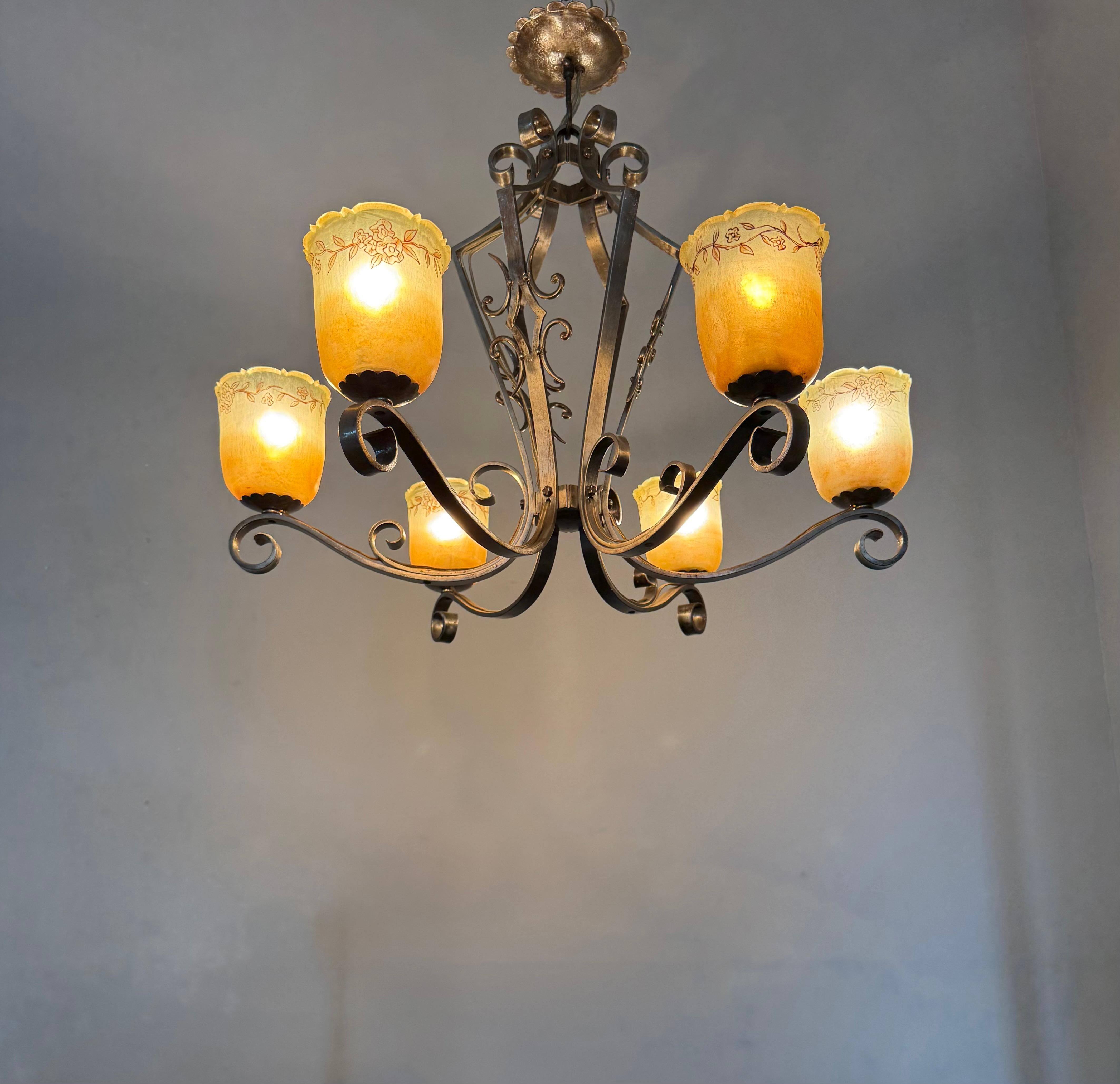 Arts and Crafts Top Quality Arts & Crafts Wrought Iron Chandelier or Ceiling Lamp w Glass Shades For Sale
