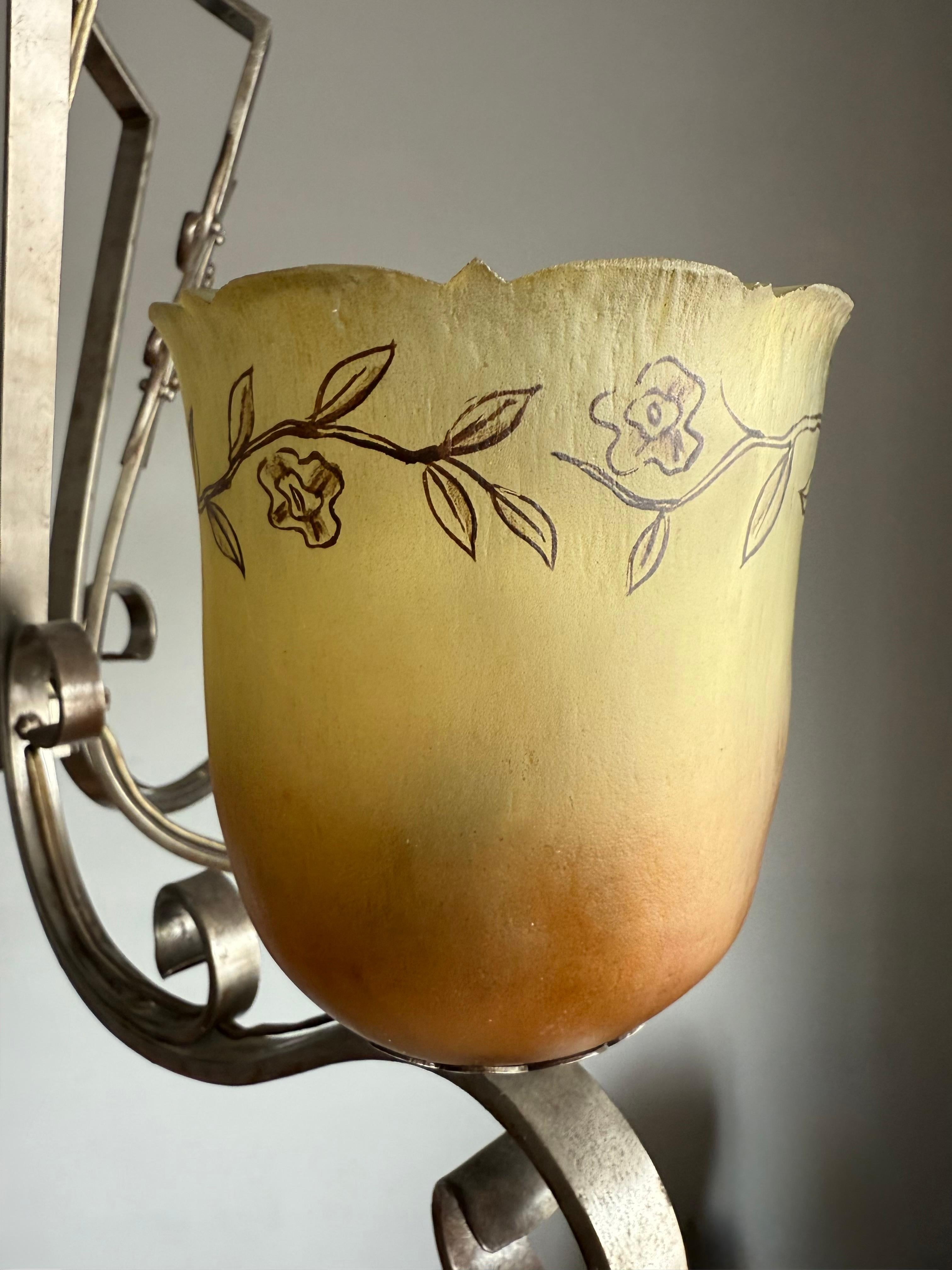 European Top Quality Arts & Crafts Wrought Iron Chandelier or Ceiling Lamp w Glass Shades For Sale