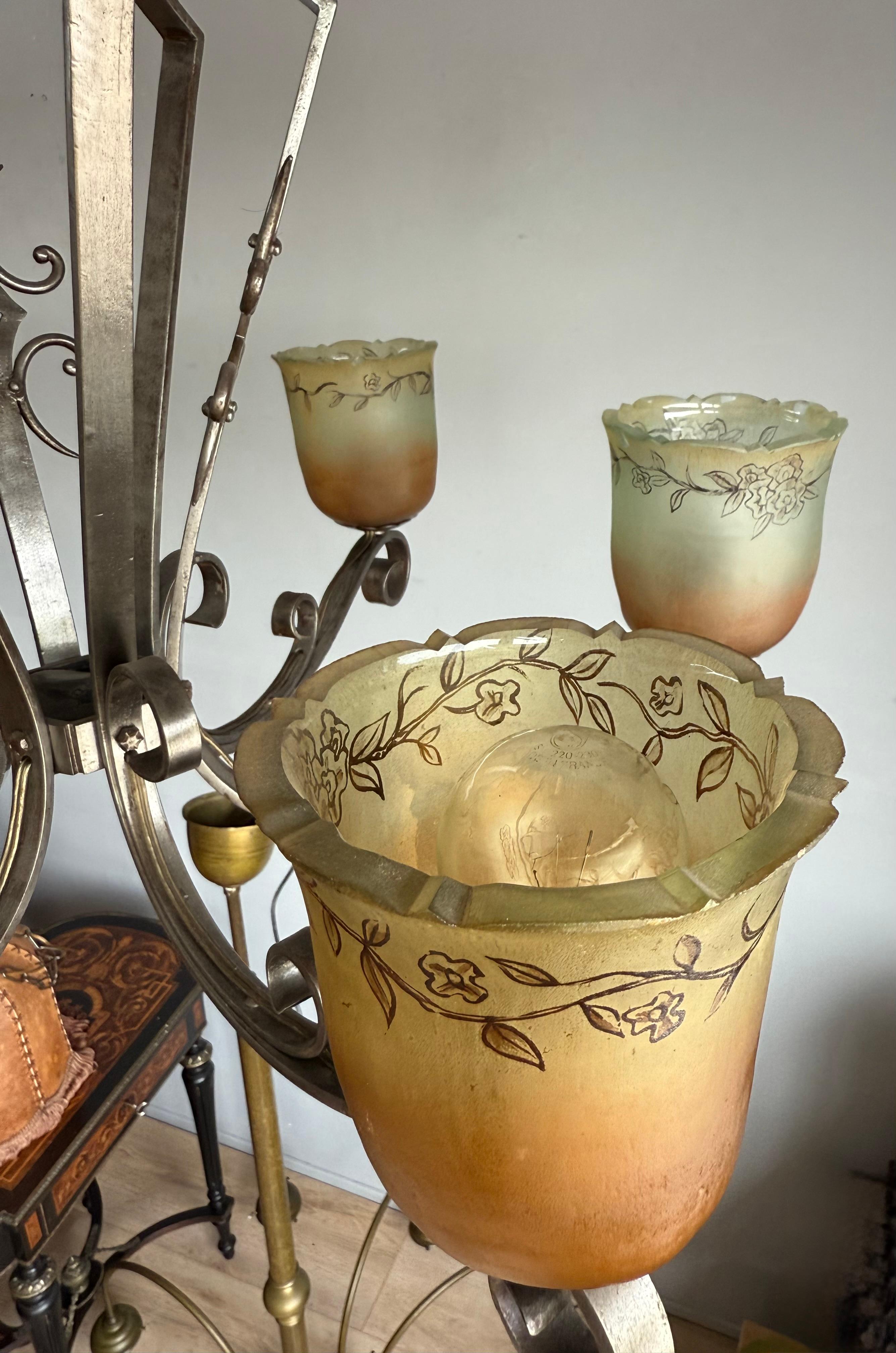 Forged Top Quality Arts & Crafts Wrought Iron Chandelier or Ceiling Lamp w Glass Shades For Sale