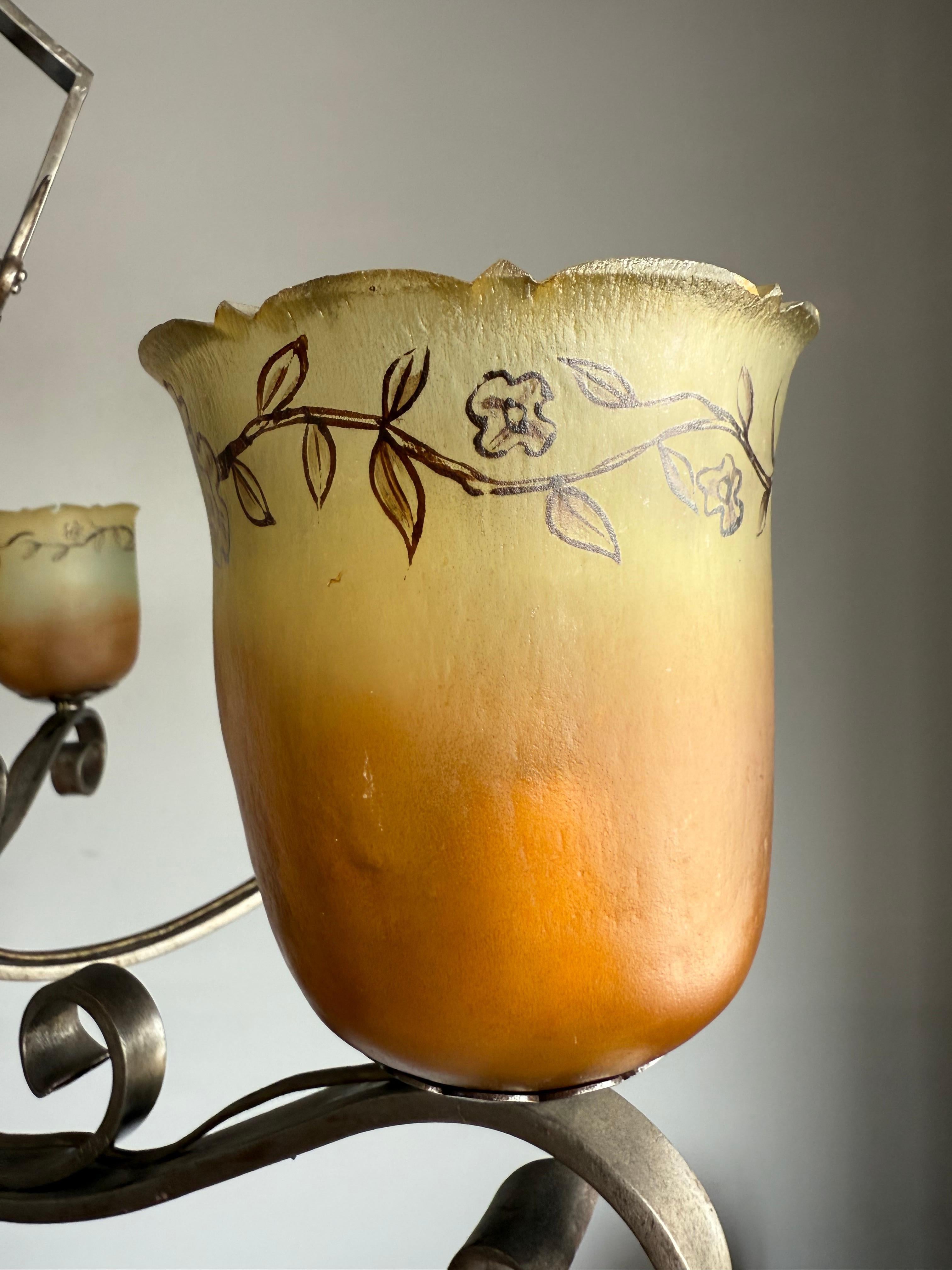 Top Quality Arts & Crafts Wrought Iron Chandelier or Ceiling Lamp w Glass Shades In Good Condition For Sale In Lisse, NL