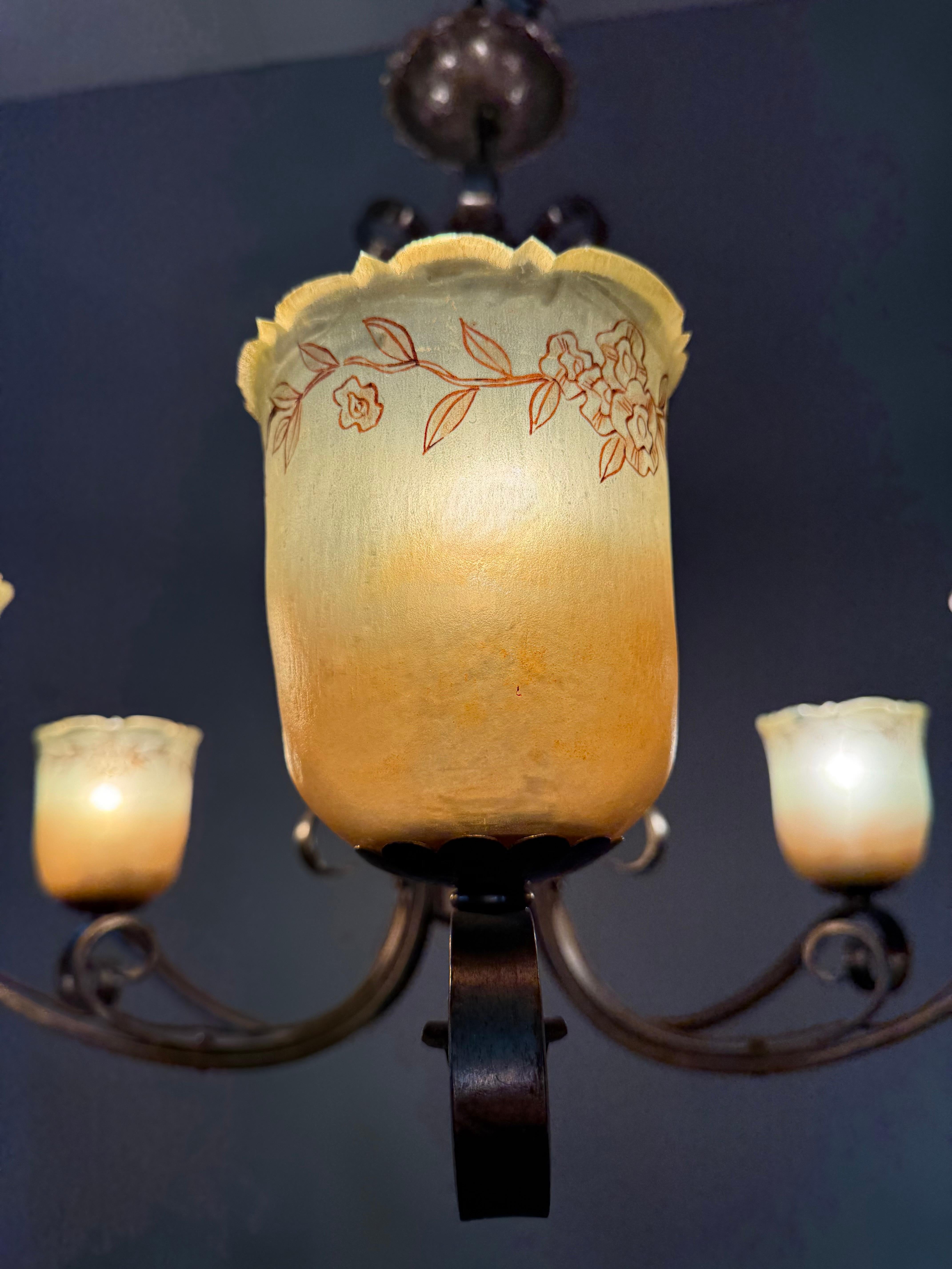 20th Century Top Quality Arts & Crafts Wrought Iron Chandelier or Ceiling Lamp w Glass Shades For Sale