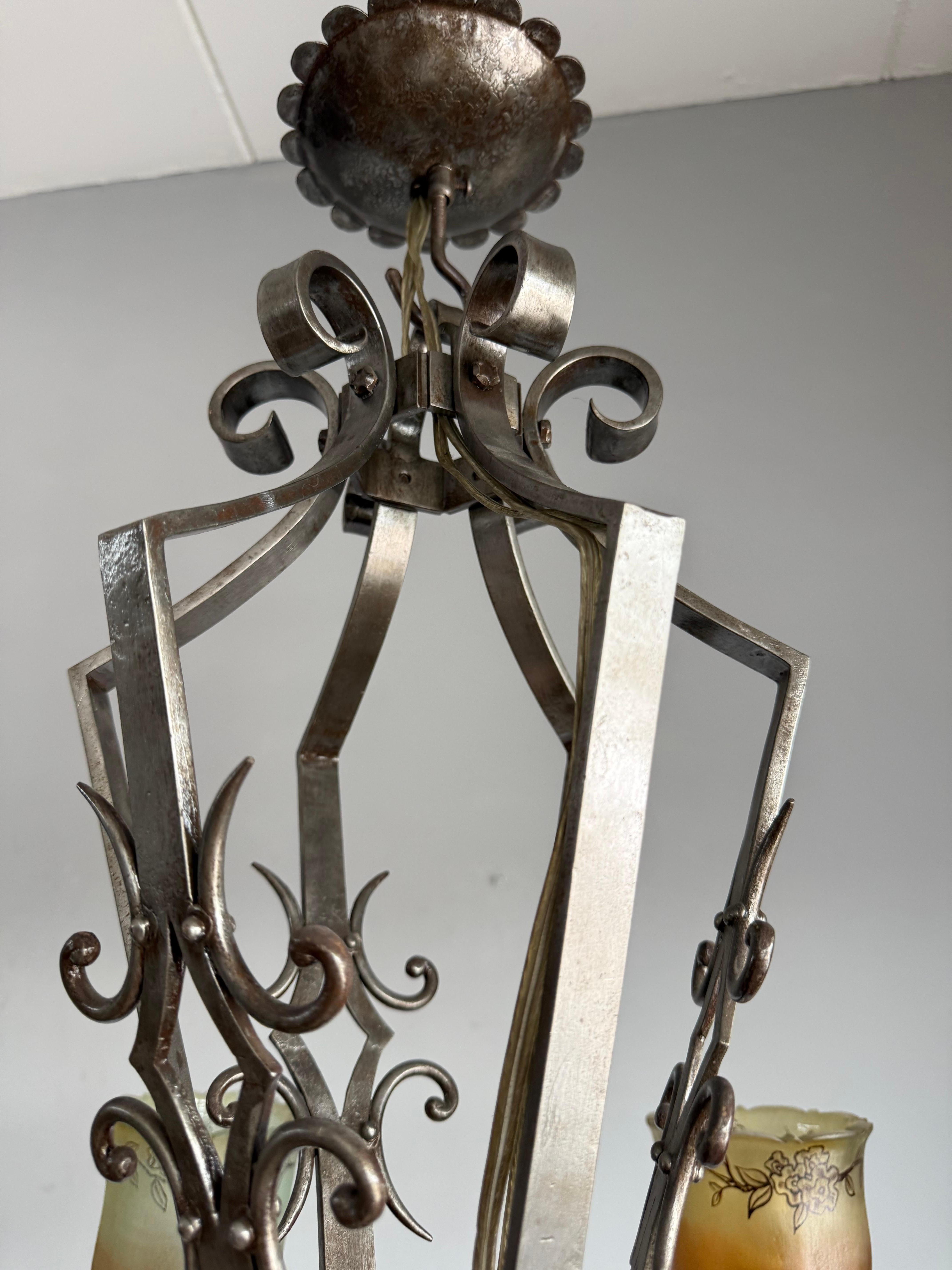 Top Quality Arts & Crafts Wrought Iron Chandelier or Ceiling Lamp w Glass Shades For Sale 1