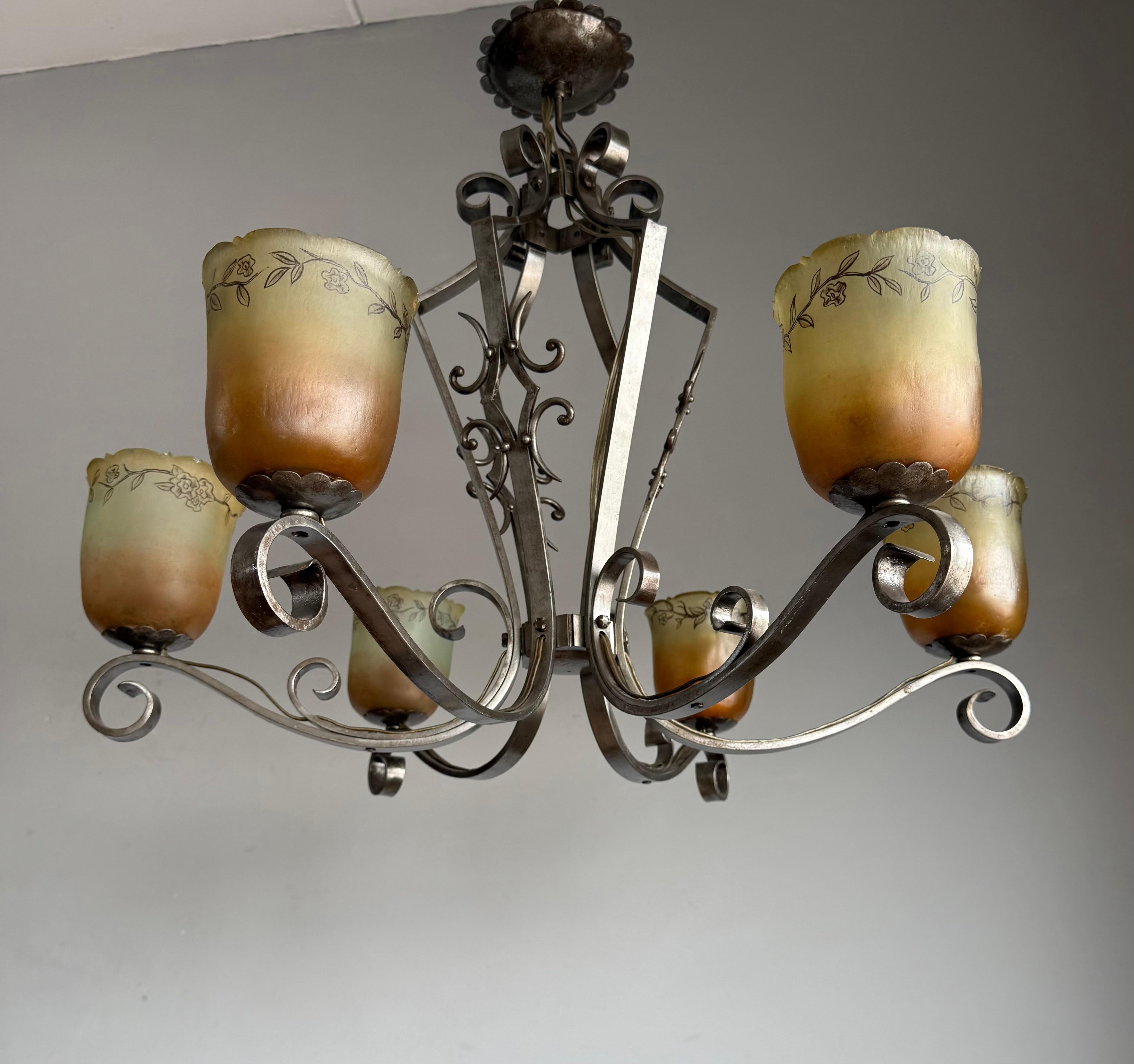 Top Quality Arts & Crafts Wrought Iron Chandelier or Ceiling Lamp w Glass Shades For Sale 2