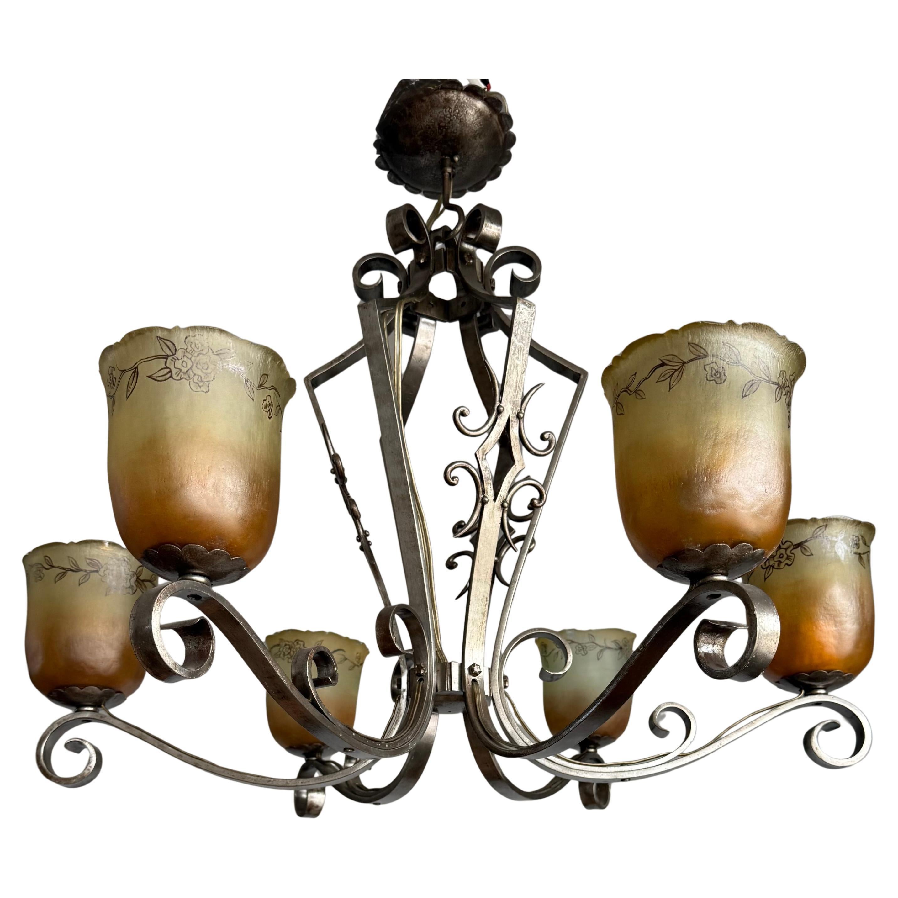 Top Quality Arts & Crafts Wrought Iron Chandelier or Ceiling Lamp w Glass Shades For Sale