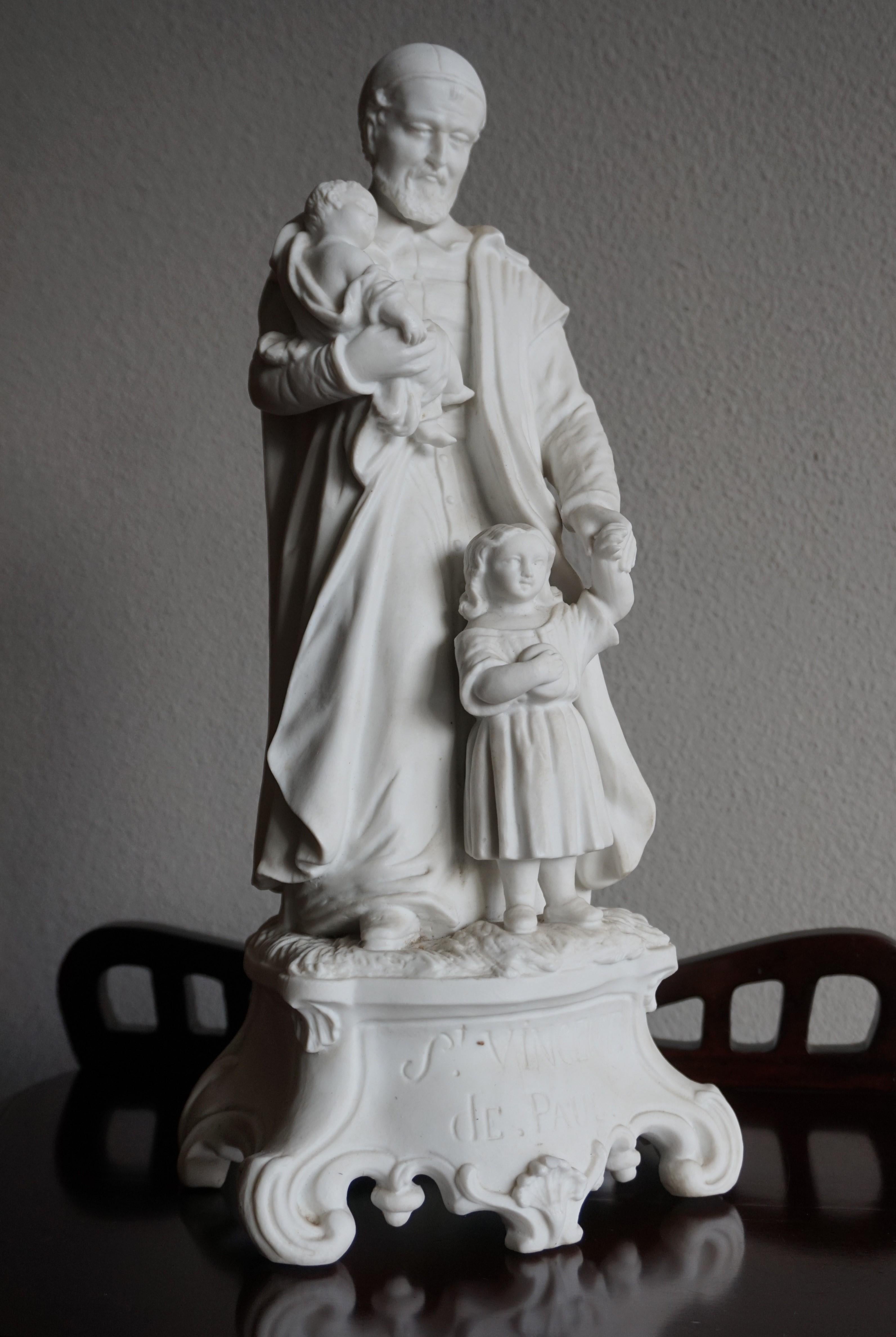 Top Quality Bisque Porcelain Sculpture of Saint Vincent de Paul with Children For Sale 1