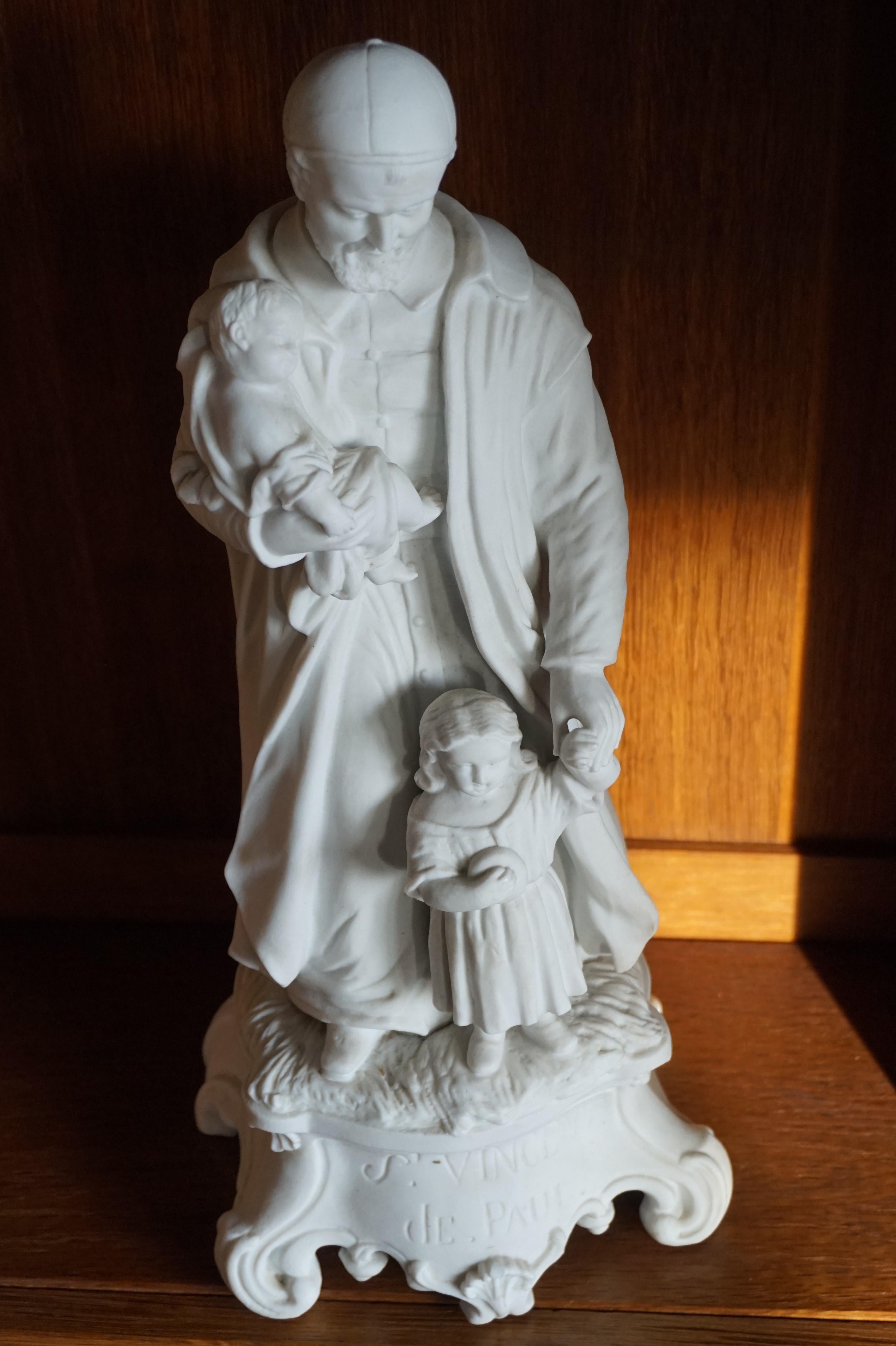 Hand-Crafted Top Quality Bisque Porcelain Sculpture of Saint Vincent de Paul with Children For Sale