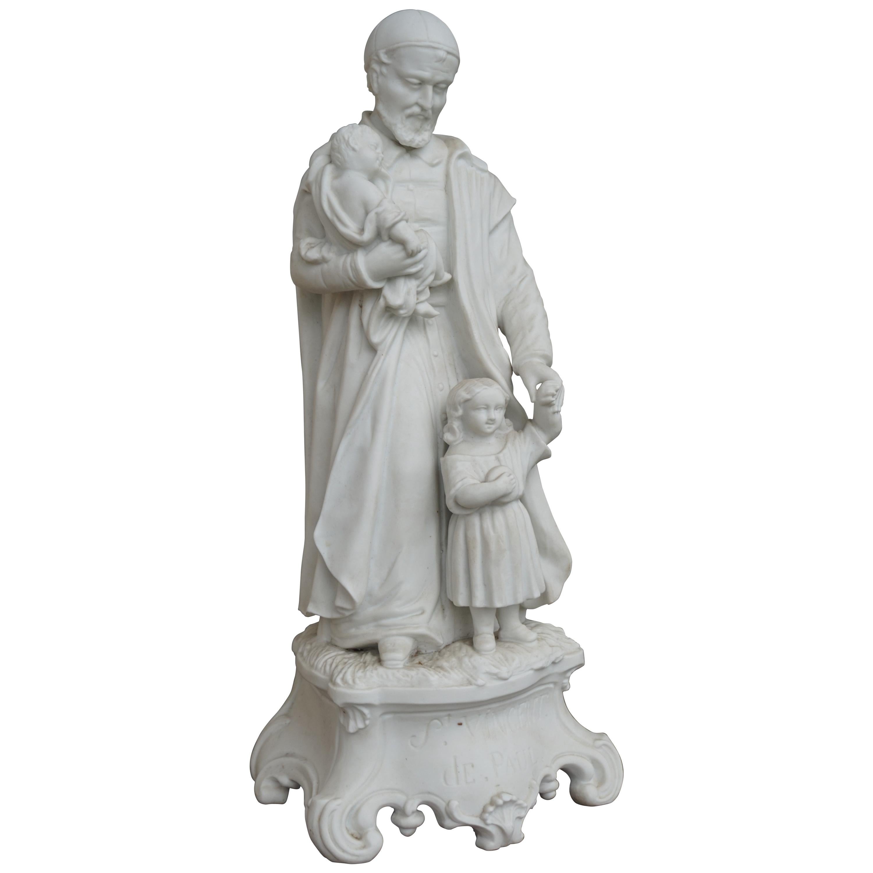 Top Quality Bisque Porcelain Sculpture of Saint Vincent de Paul with Children For Sale
