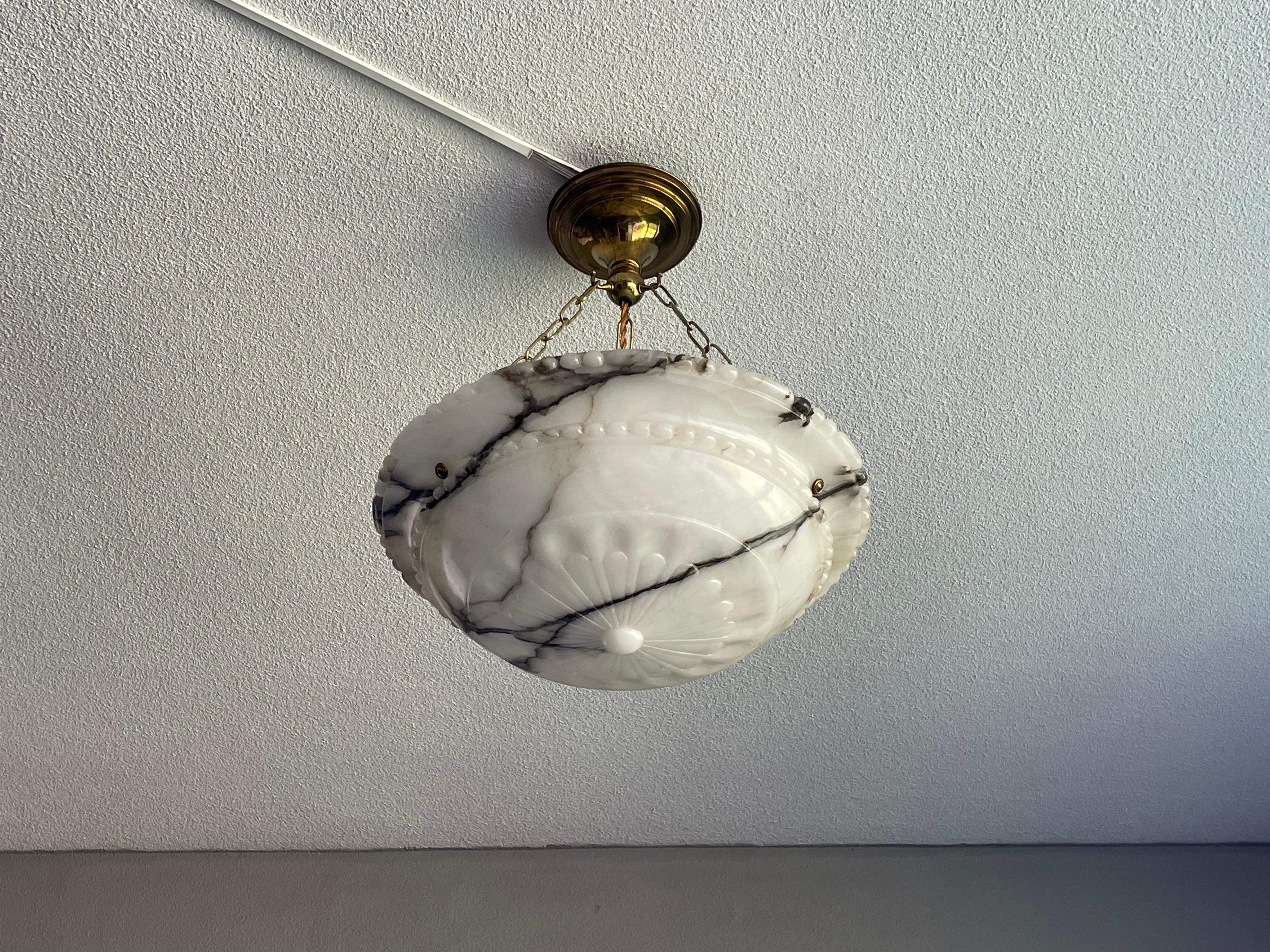 Top Quality Carved Antique Alabaster Pendant /Chandelier w. Perfect Brass Canopy 6