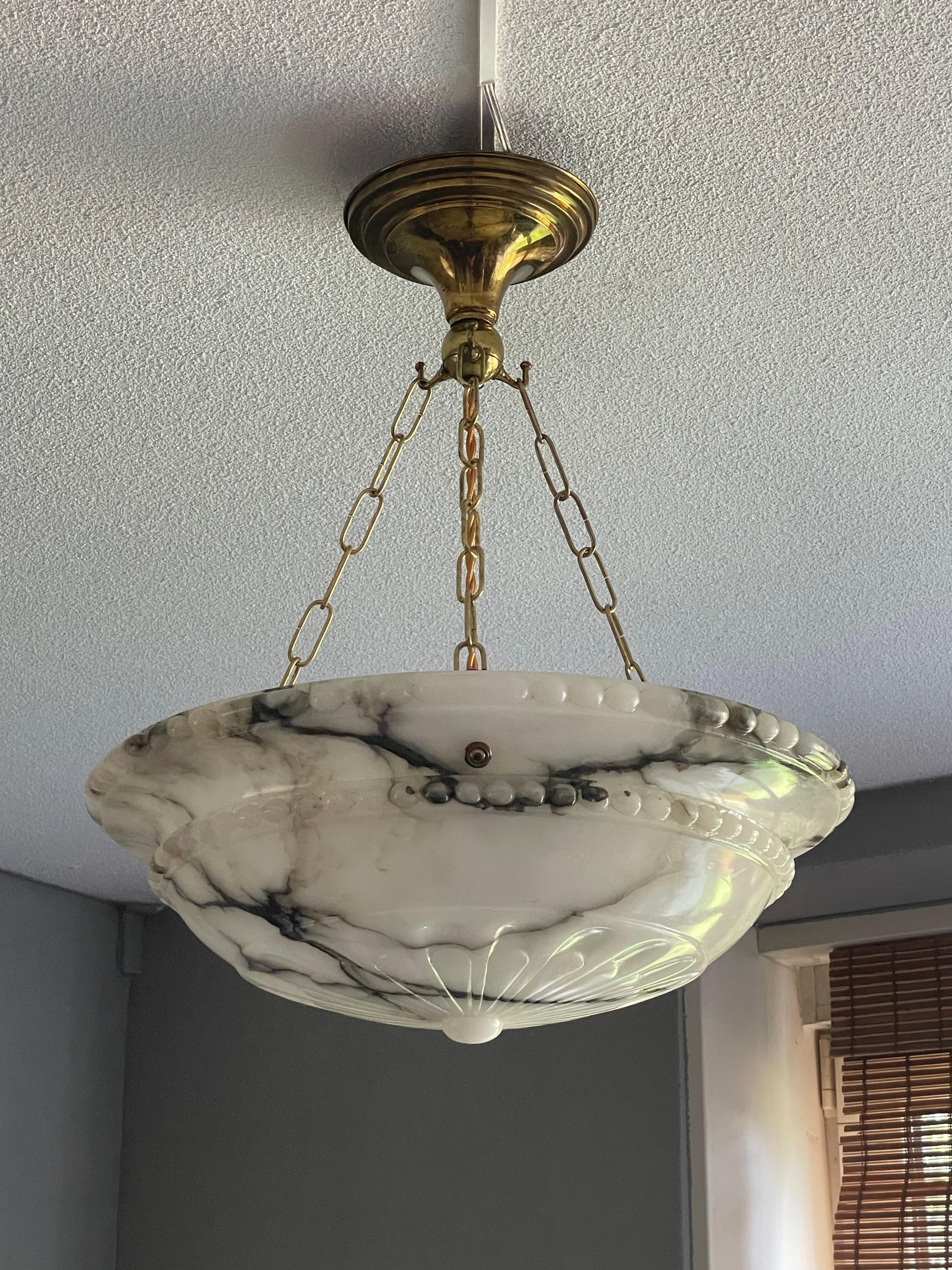 Top Quality Carved Antique Alabaster Pendant /Chandelier w. Perfect Brass Canopy 8
