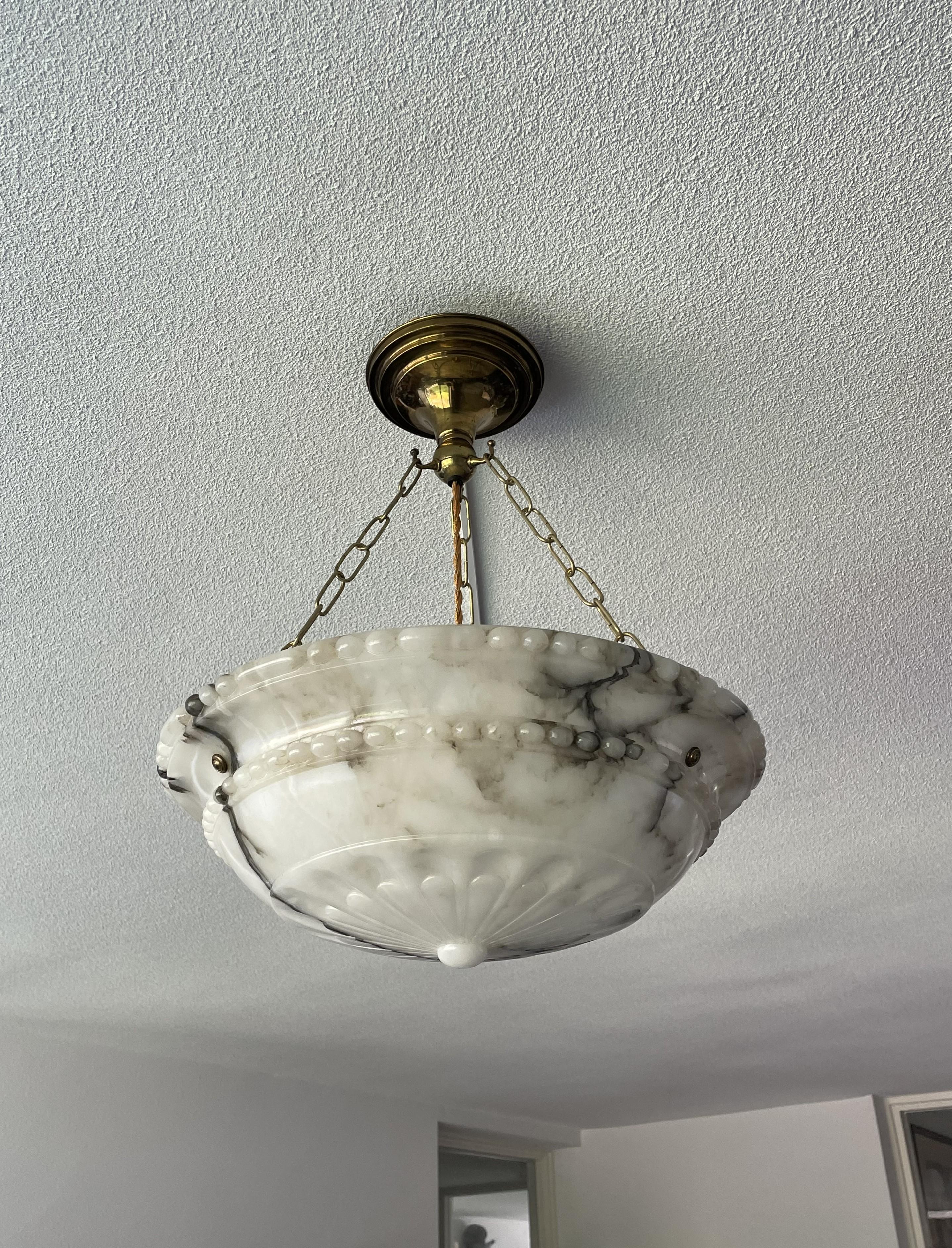 Top Quality Carved Antique Alabaster Pendant /Chandelier w. Perfect Brass Canopy 11