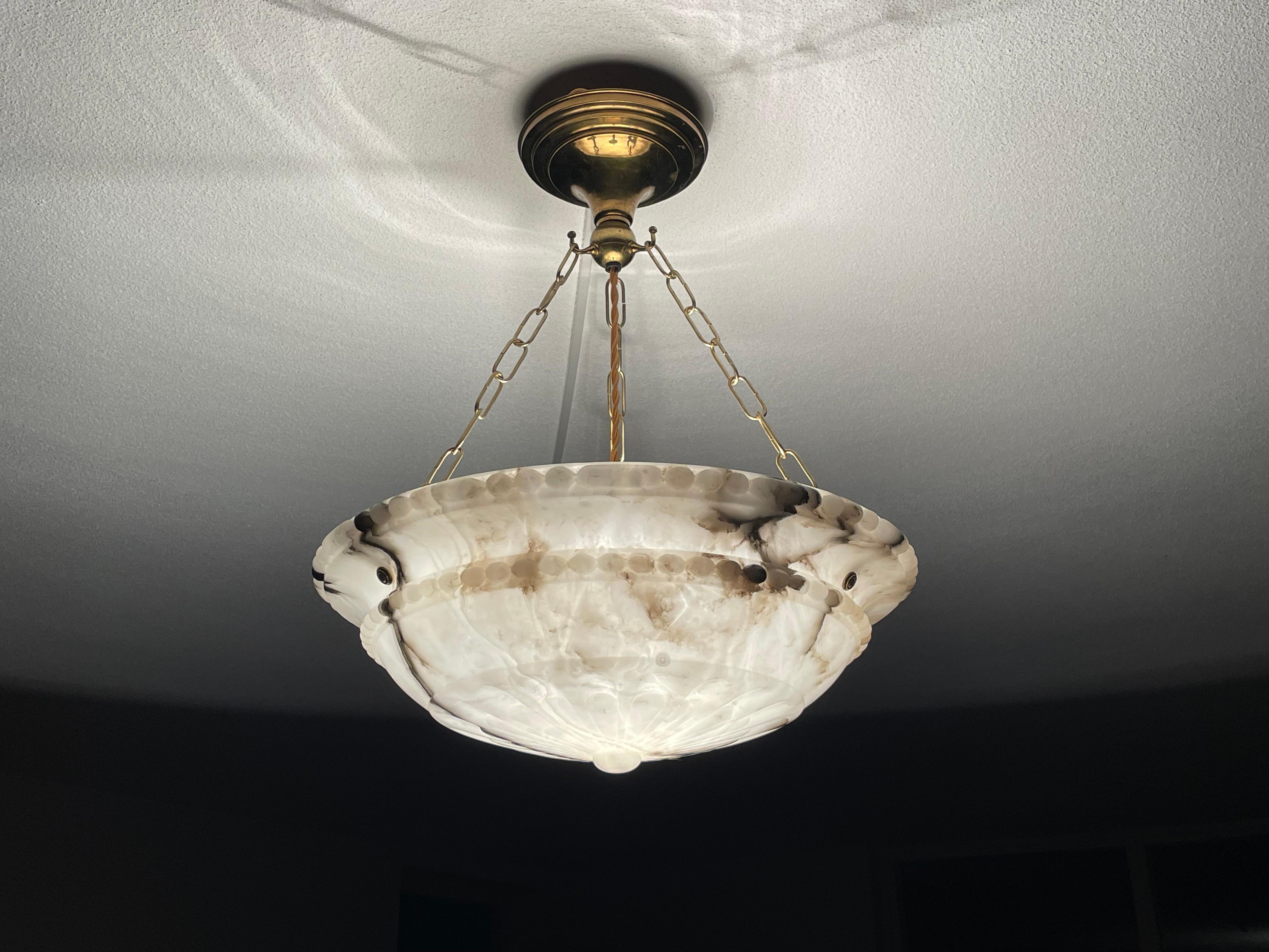 Top Quality Carved Antique Alabaster Pendant /Chandelier w. Perfect Brass Canopy 12