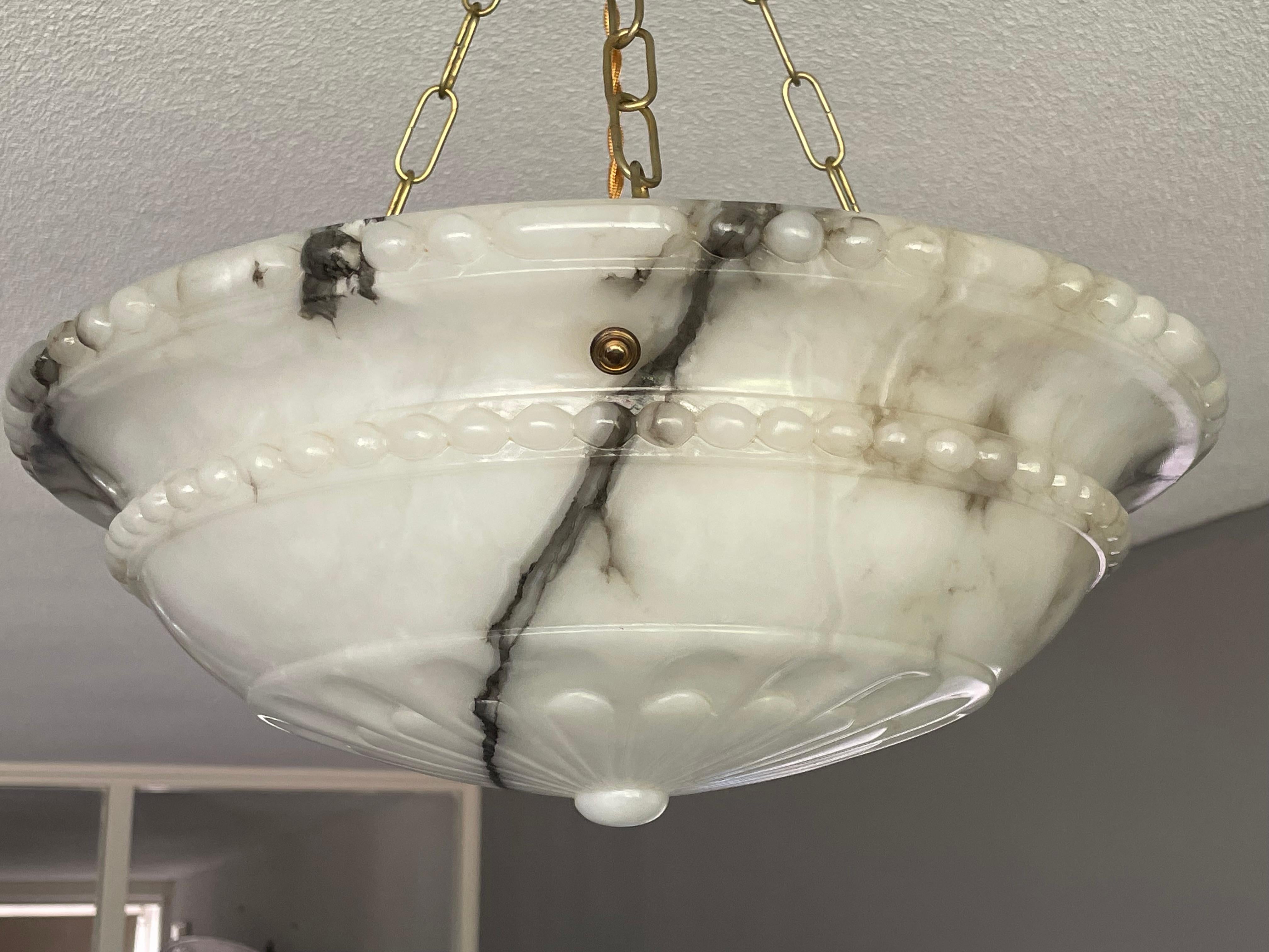 Art Deco Top Quality Carved Antique Alabaster Pendant /Chandelier w. Perfect Brass Canopy