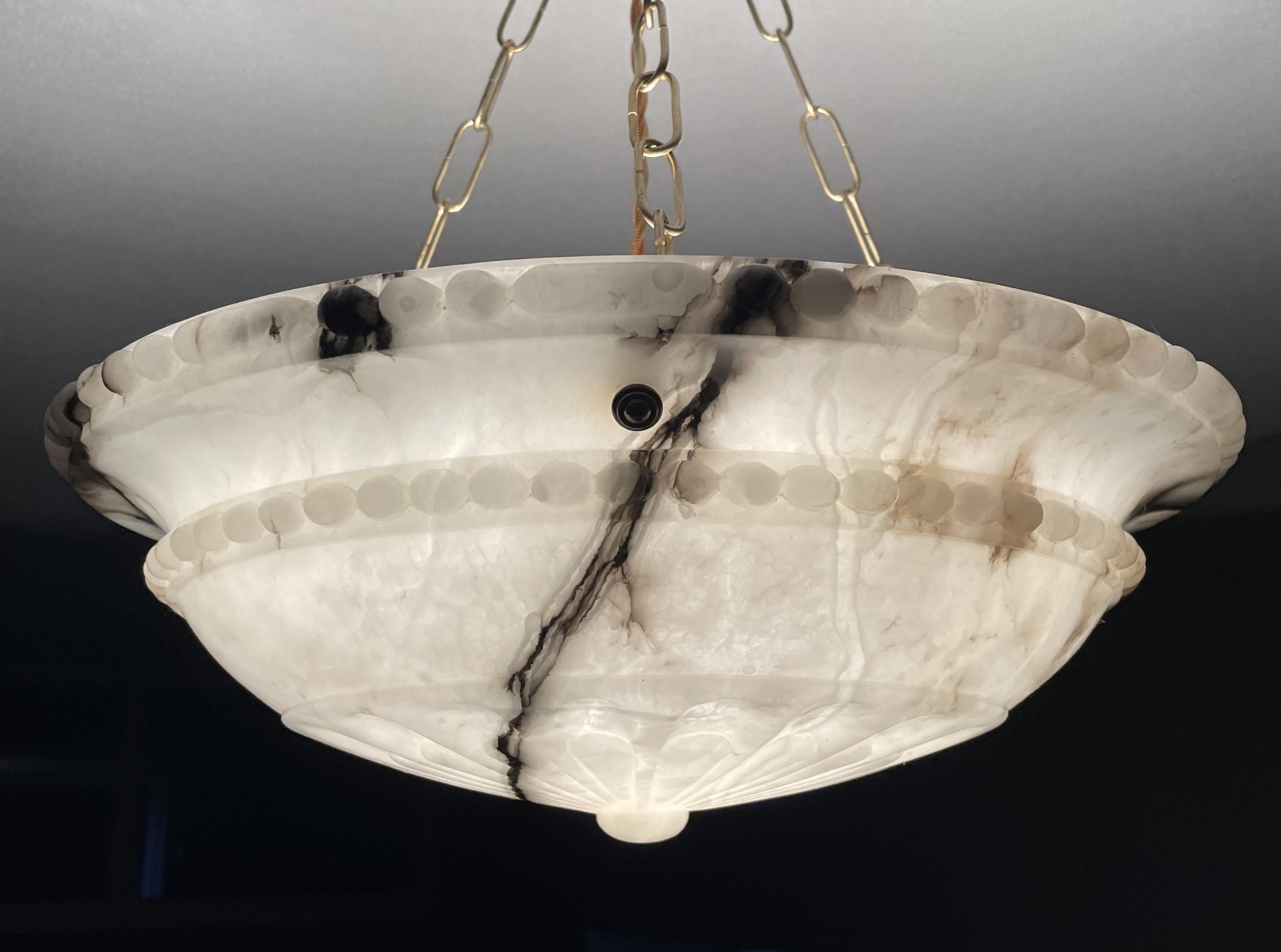 Unknown Top Quality Carved Antique Alabaster Pendant /Chandelier w. Perfect Brass Canopy