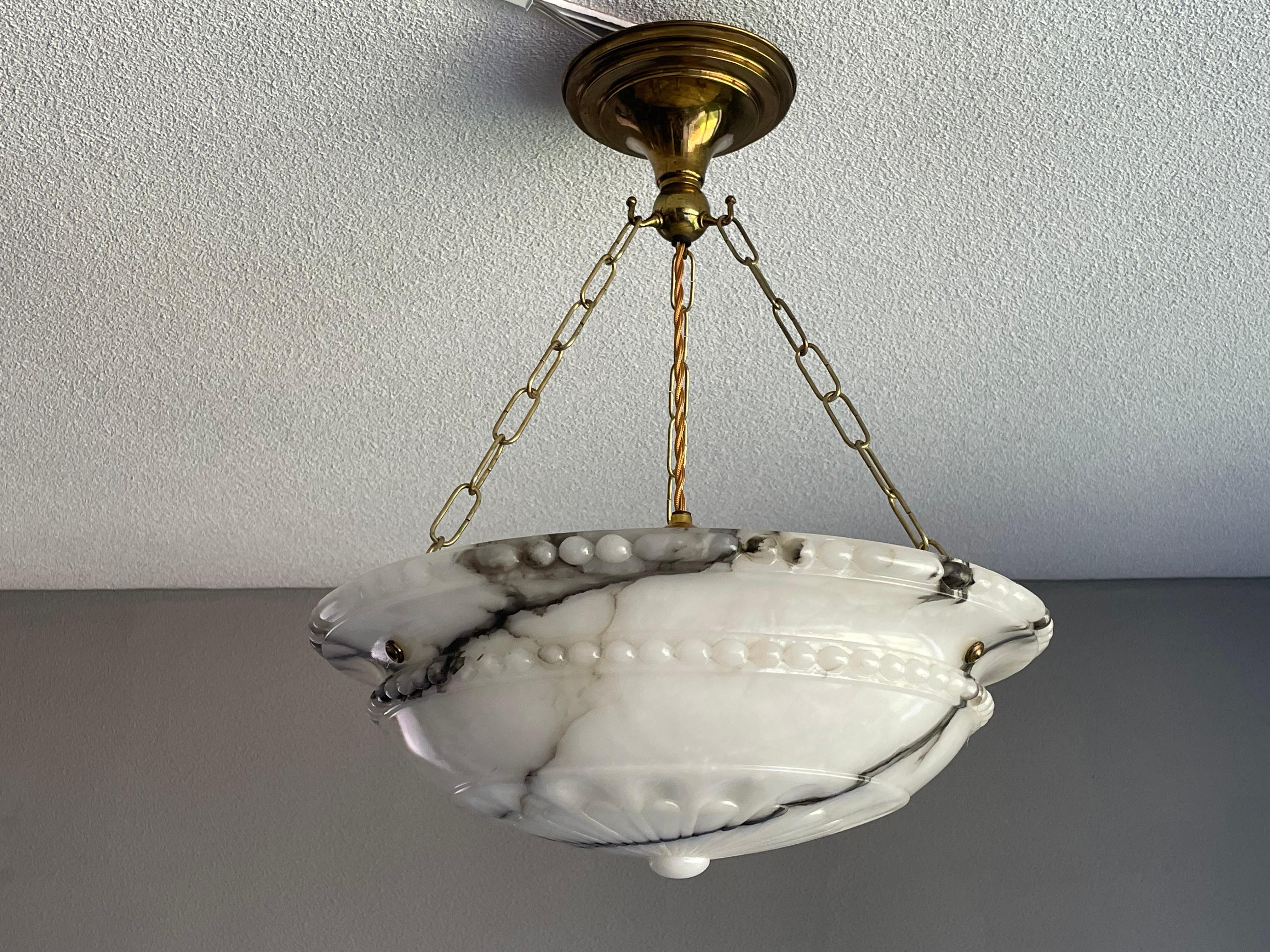 Hand-Carved Top Quality Carved Antique Alabaster Pendant /Chandelier w. Perfect Brass Canopy