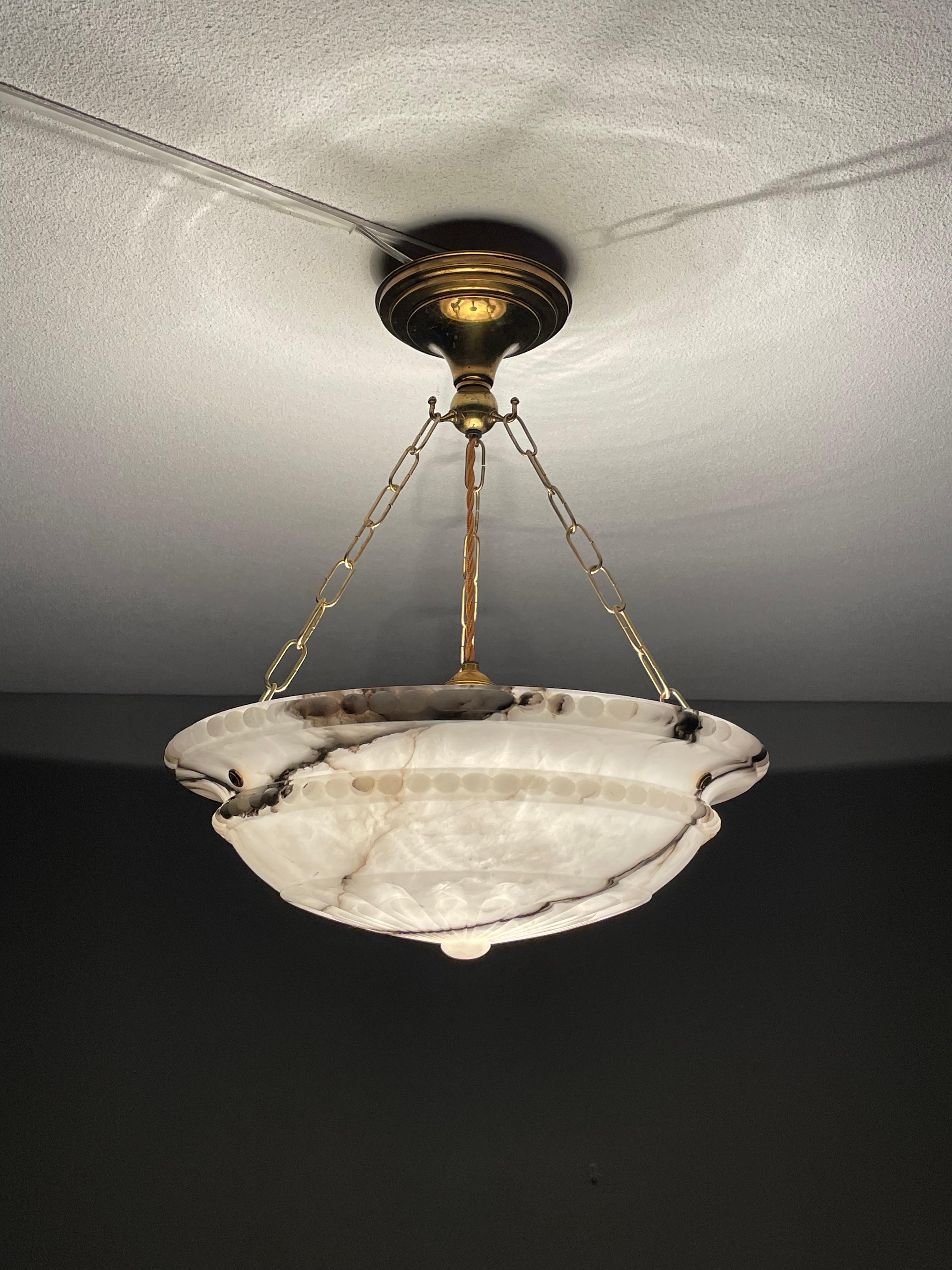 Top Quality Carved Antique Alabaster Pendant /Chandelier w. Perfect Brass Canopy In Excellent Condition In Lisse, NL