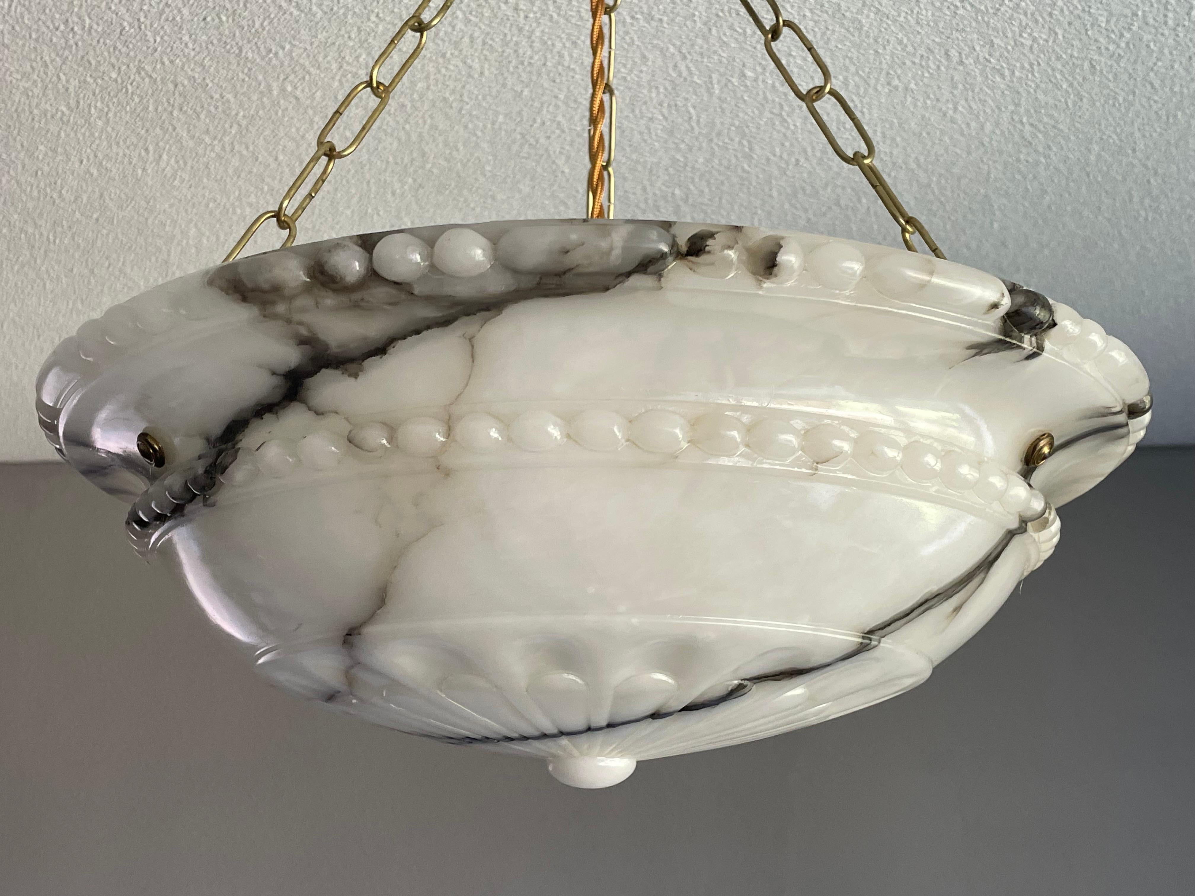 20th Century Top Quality Carved Antique Alabaster Pendant /Chandelier w. Perfect Brass Canopy