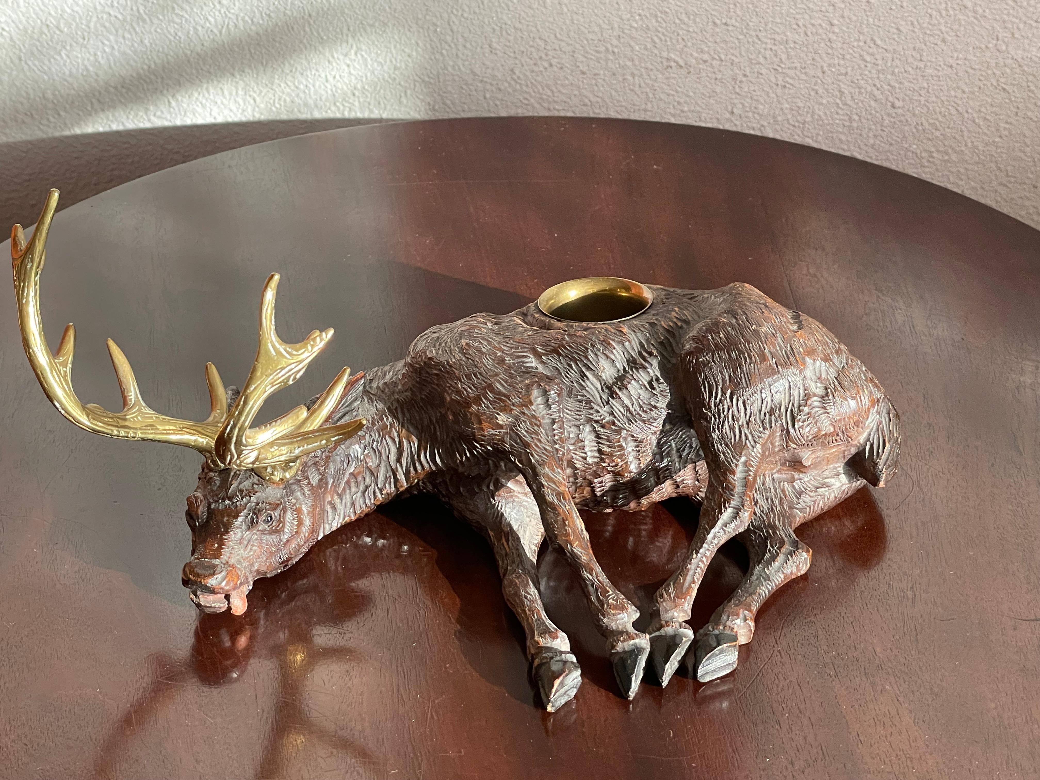 Top Quality Carved Antique Swiss Black Forest Exhausted Stag Sculpture Inkstand For Sale 10