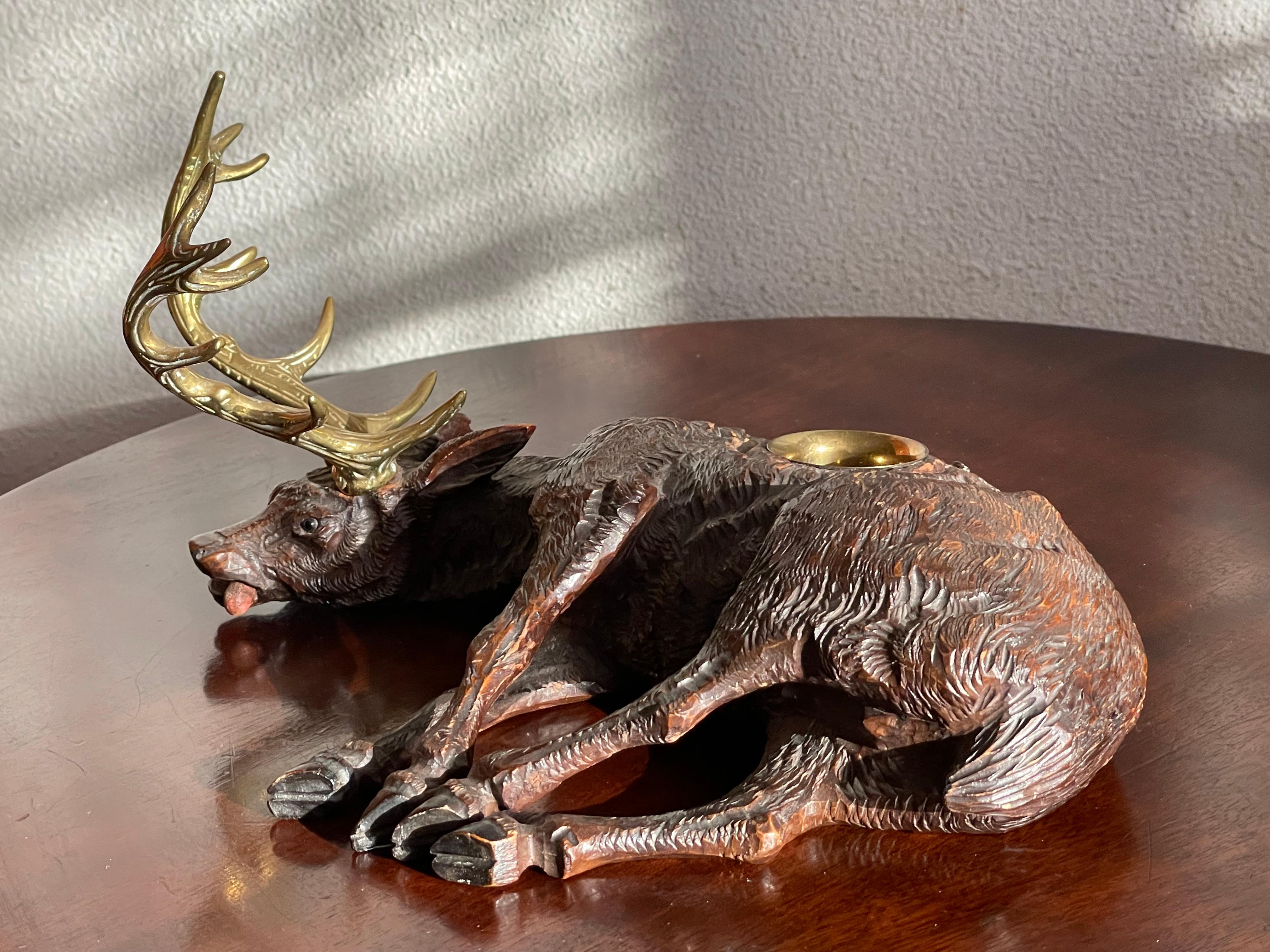 Top Quality Carved Antique Swiss Black Forest Exhausted Stag Sculpture Inkstand For Sale 11