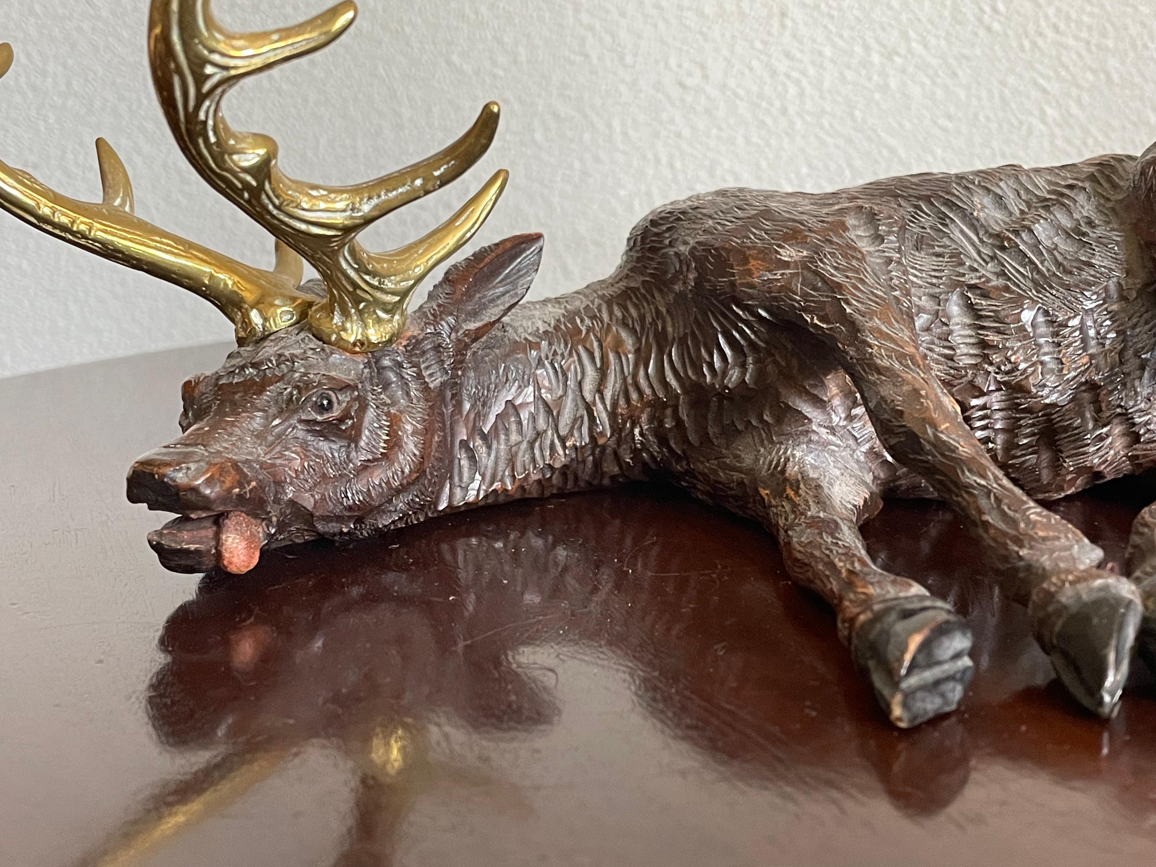 Top Quality Carved Antique Swiss Black Forest Exhausted Stag Sculpture Inkstand For Sale 12