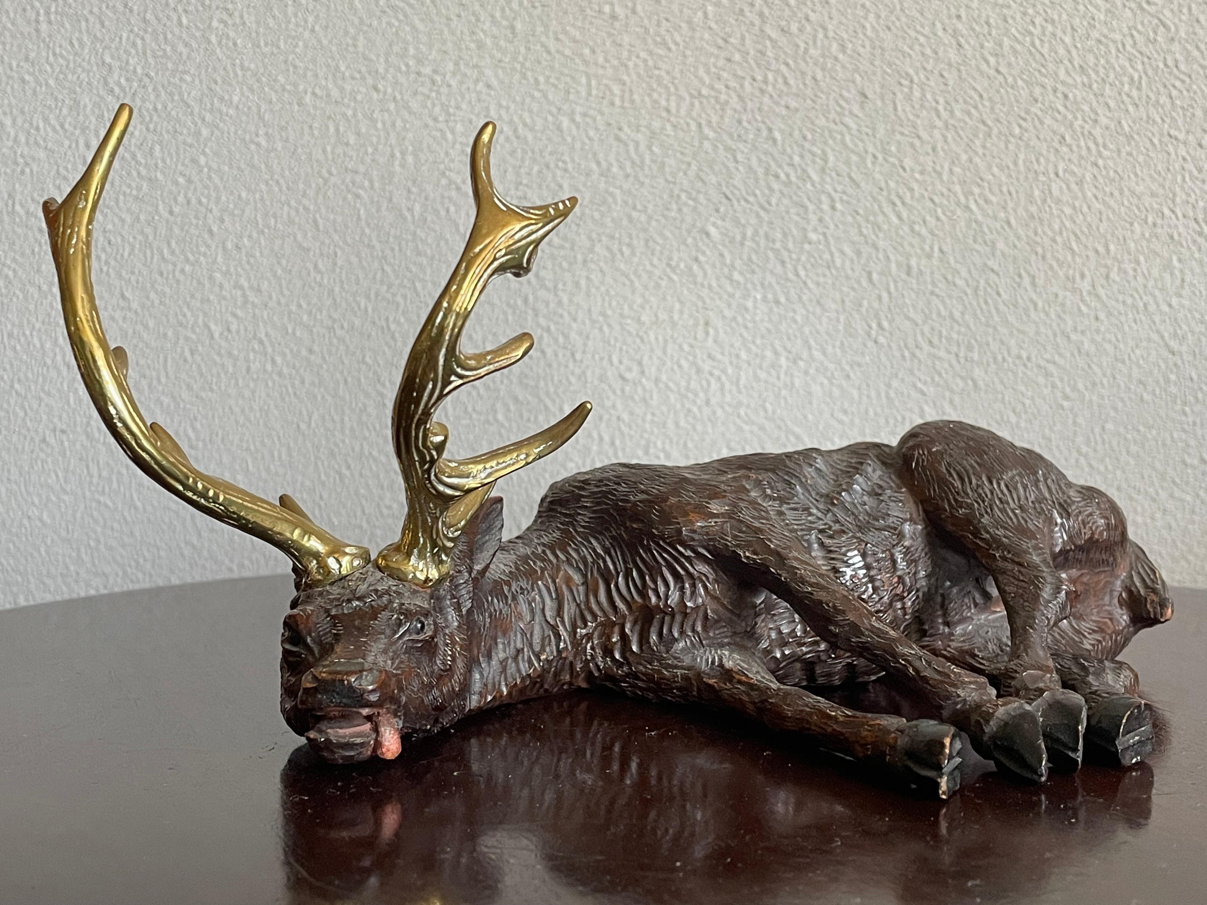 Top Quality Carved Antique Swiss Black Forest Exhausted Stag Sculpture Inkstand For Sale 14