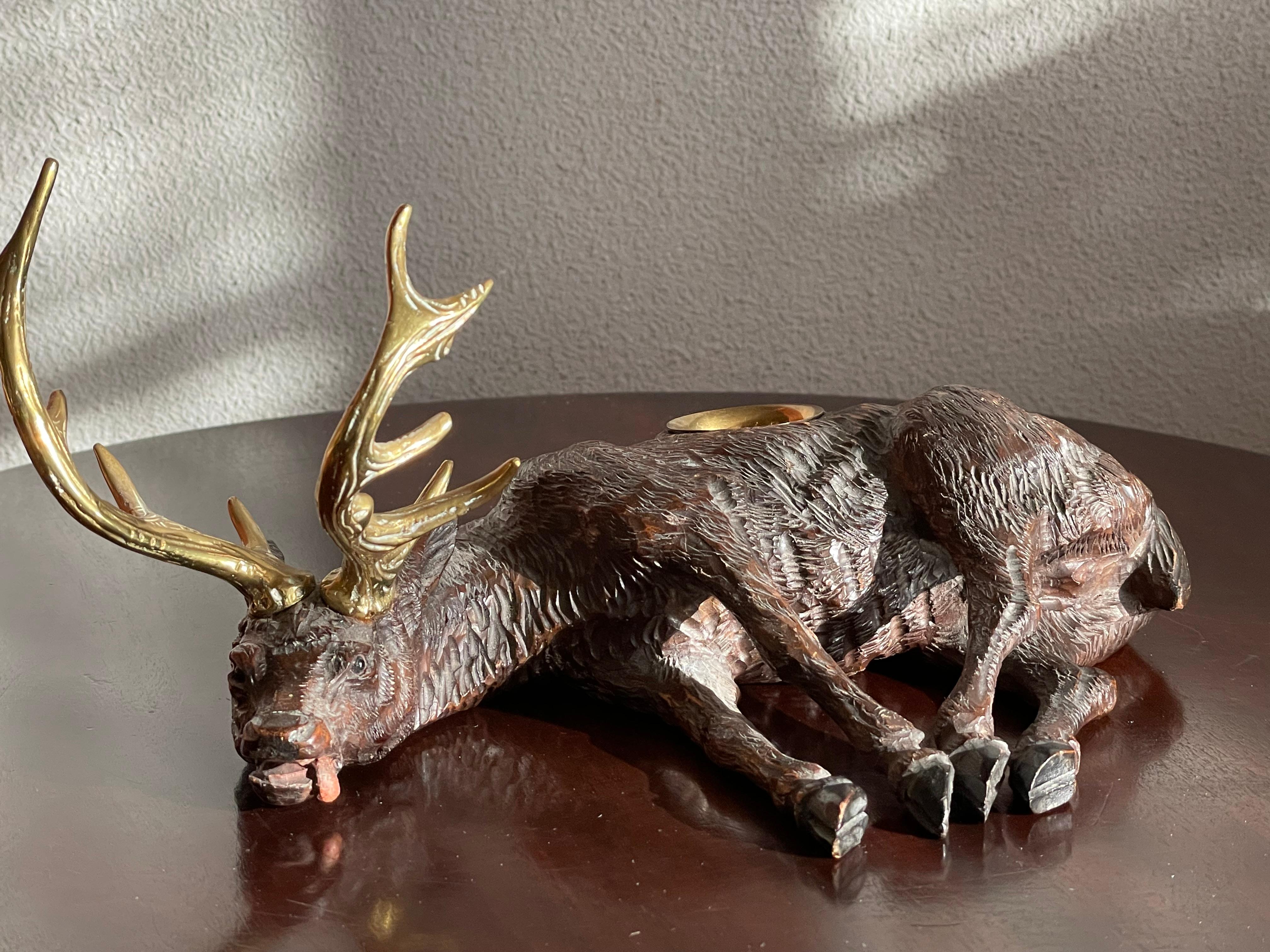 Hand-Crafted Top Quality Carved Antique Swiss Black Forest Exhausted Stag Sculpture Inkstand For Sale
